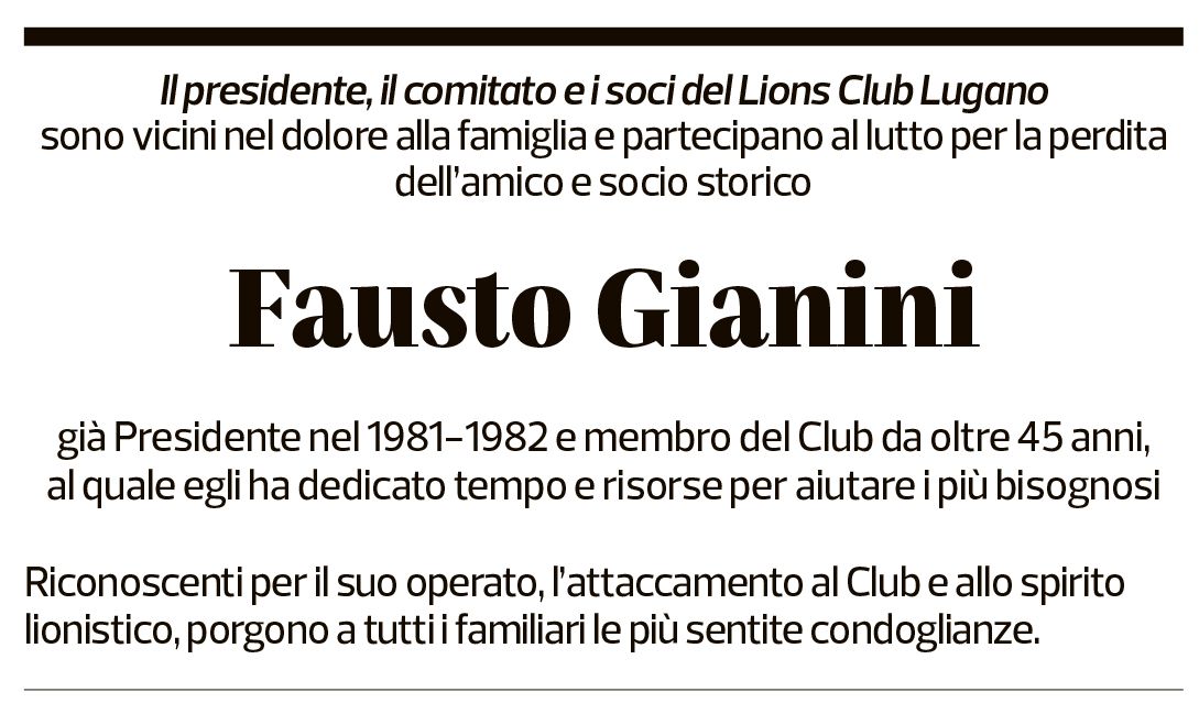 Annuncio funebre Fausto Gianini