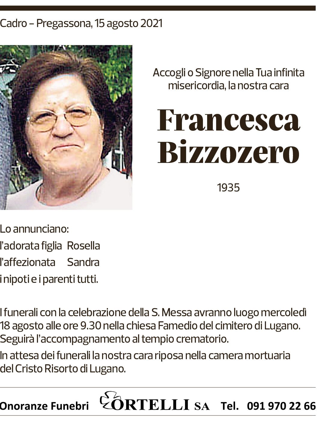 Annuncio funebre Francesca Bizzozero