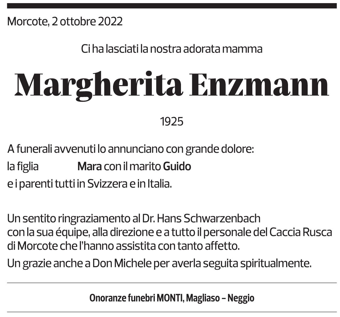 Annuncio funebre Margherita Enzmann