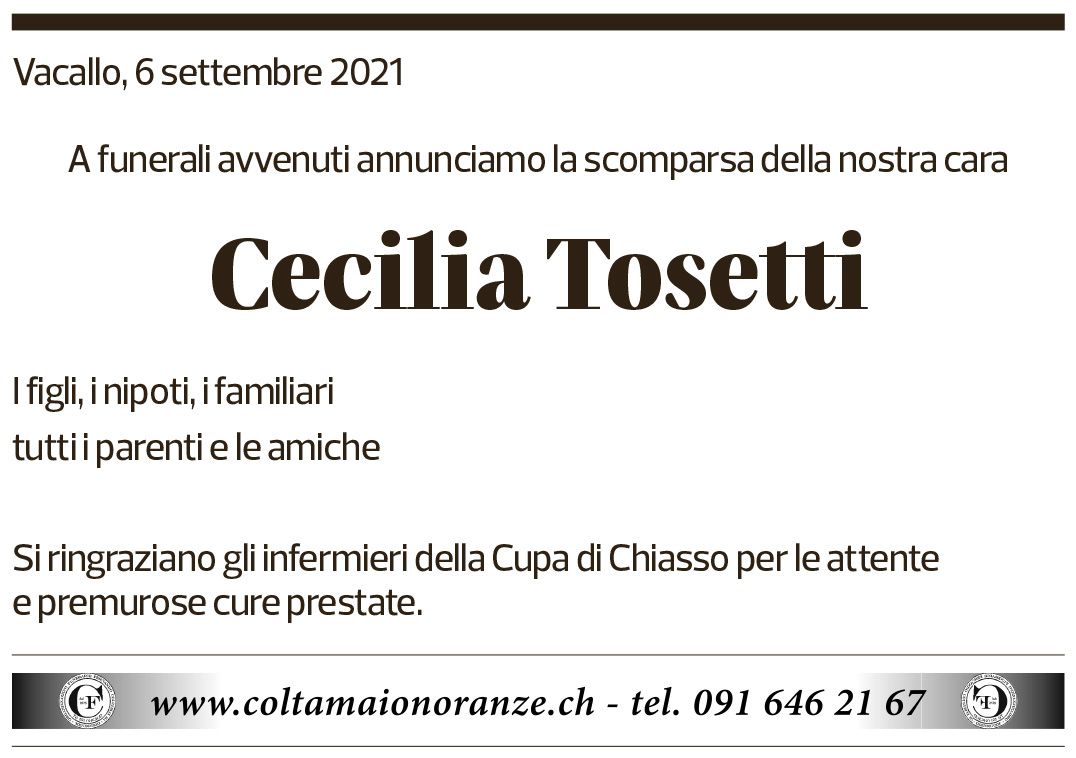 Annuncio funebre Cecilia Tosetti