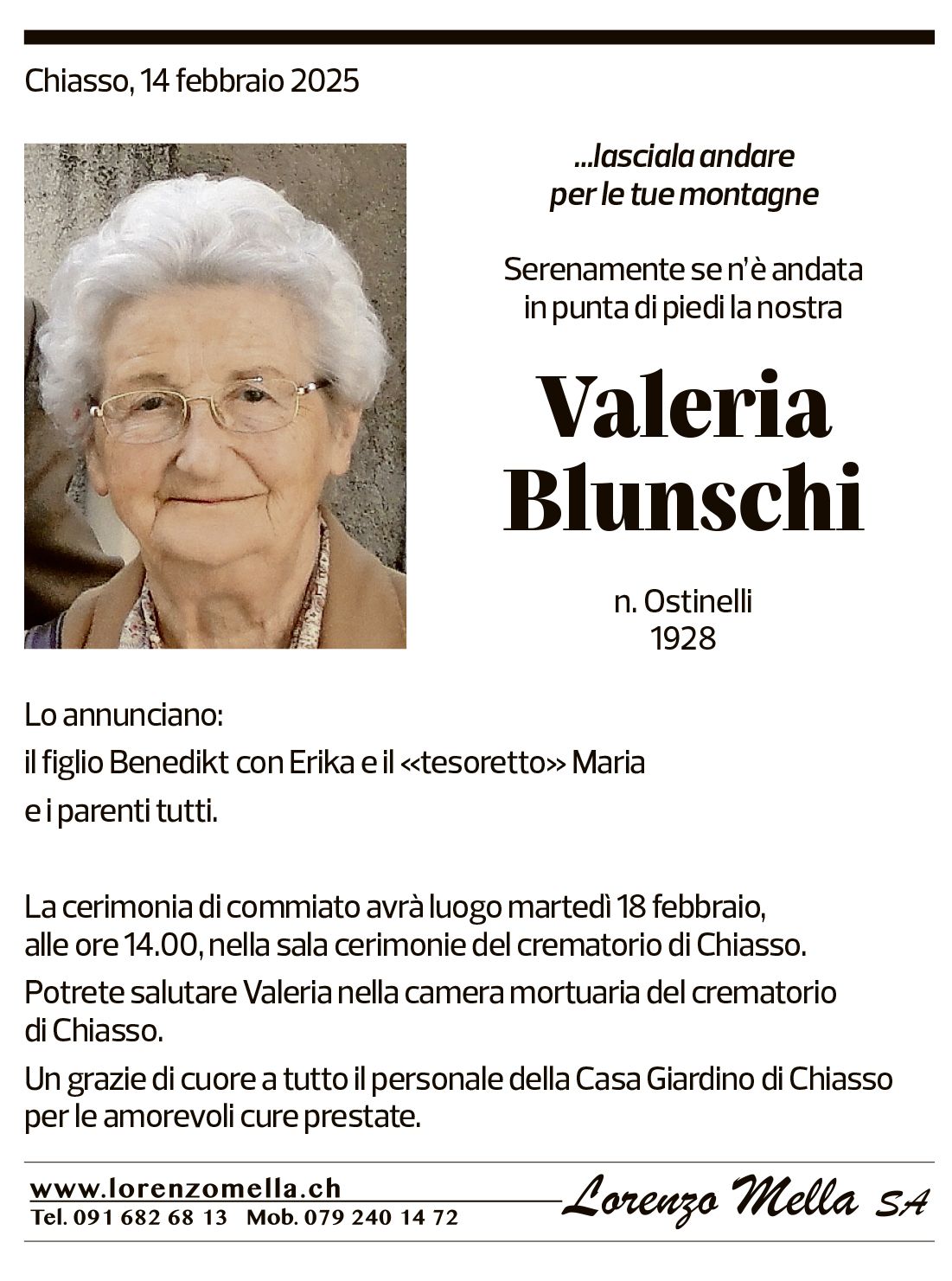 Annuncio funebre Valeria Blunschi