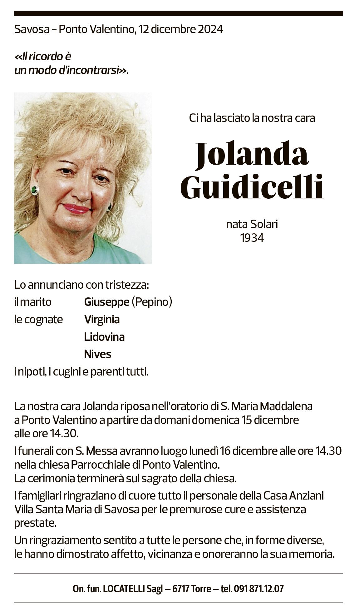 Annuncio funebre Jolanda Guidicelli