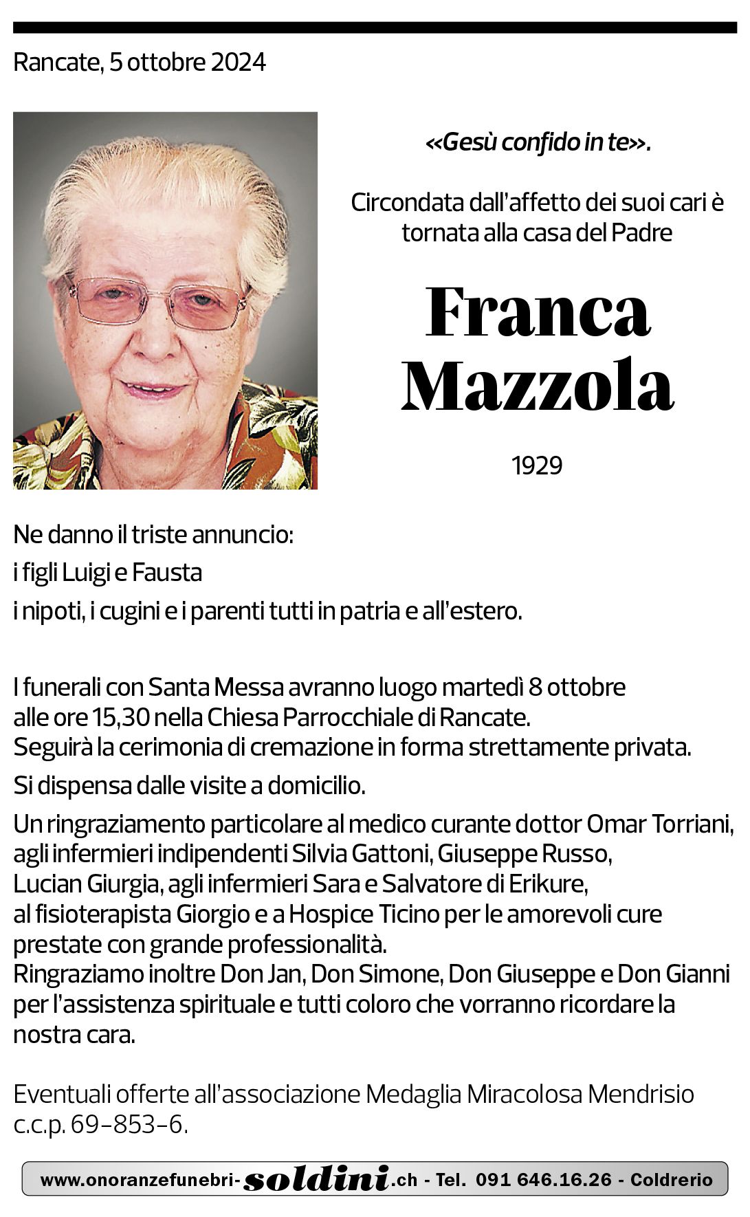 Annuncio funebre Franca Mazzola