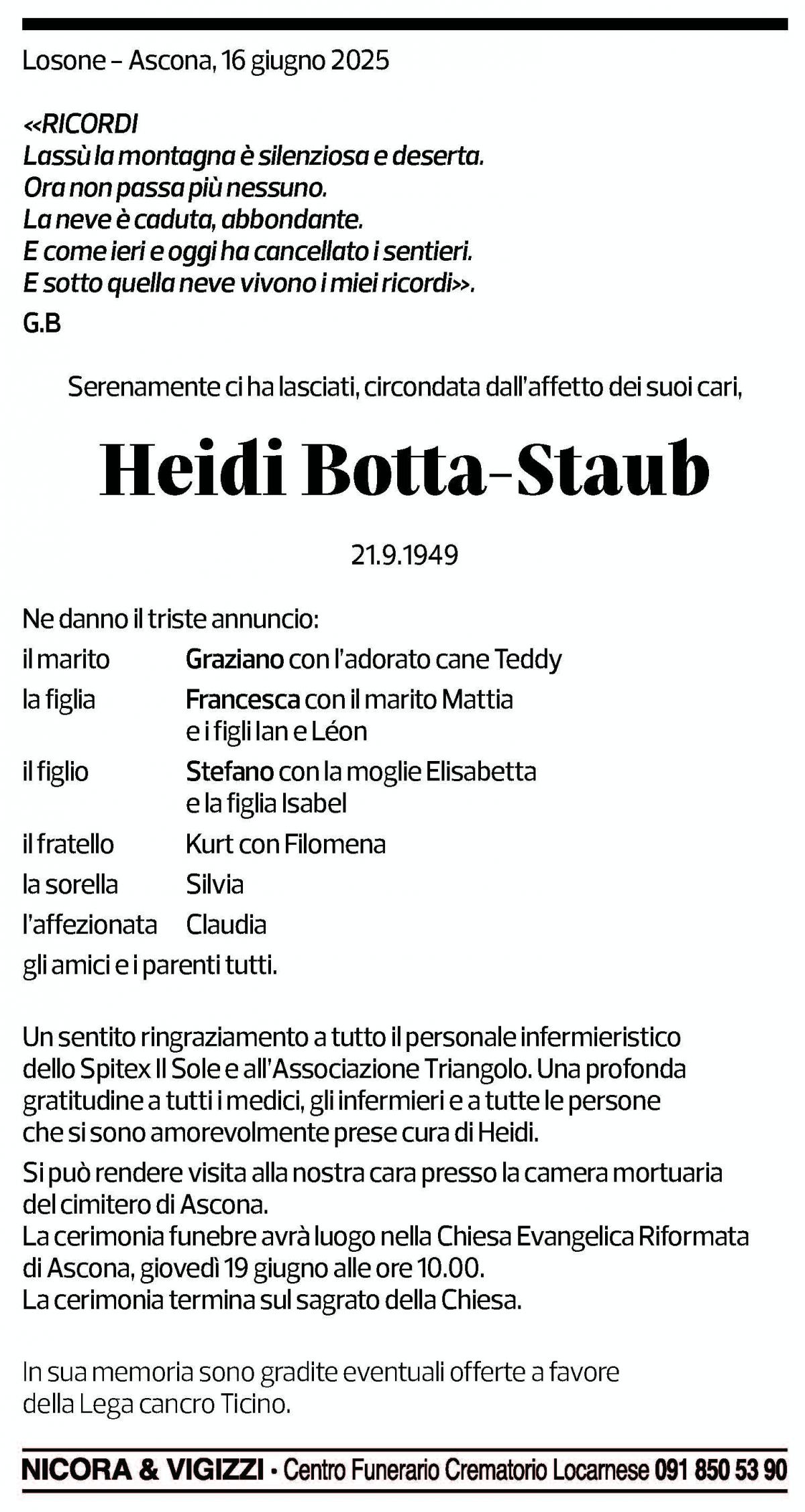 Annuncio funebre Heidi Botta-staub