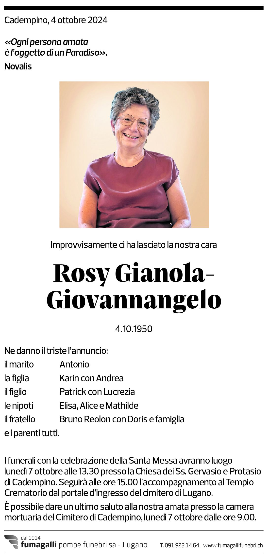 Annuncio funebre Rosy Gianola-giovannangelo