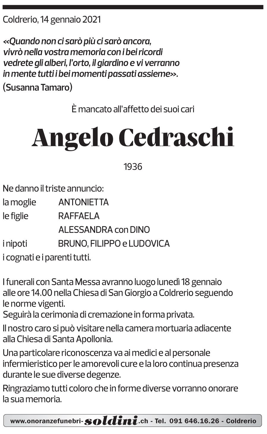 Annuncio funebre Angelo Cedraschi