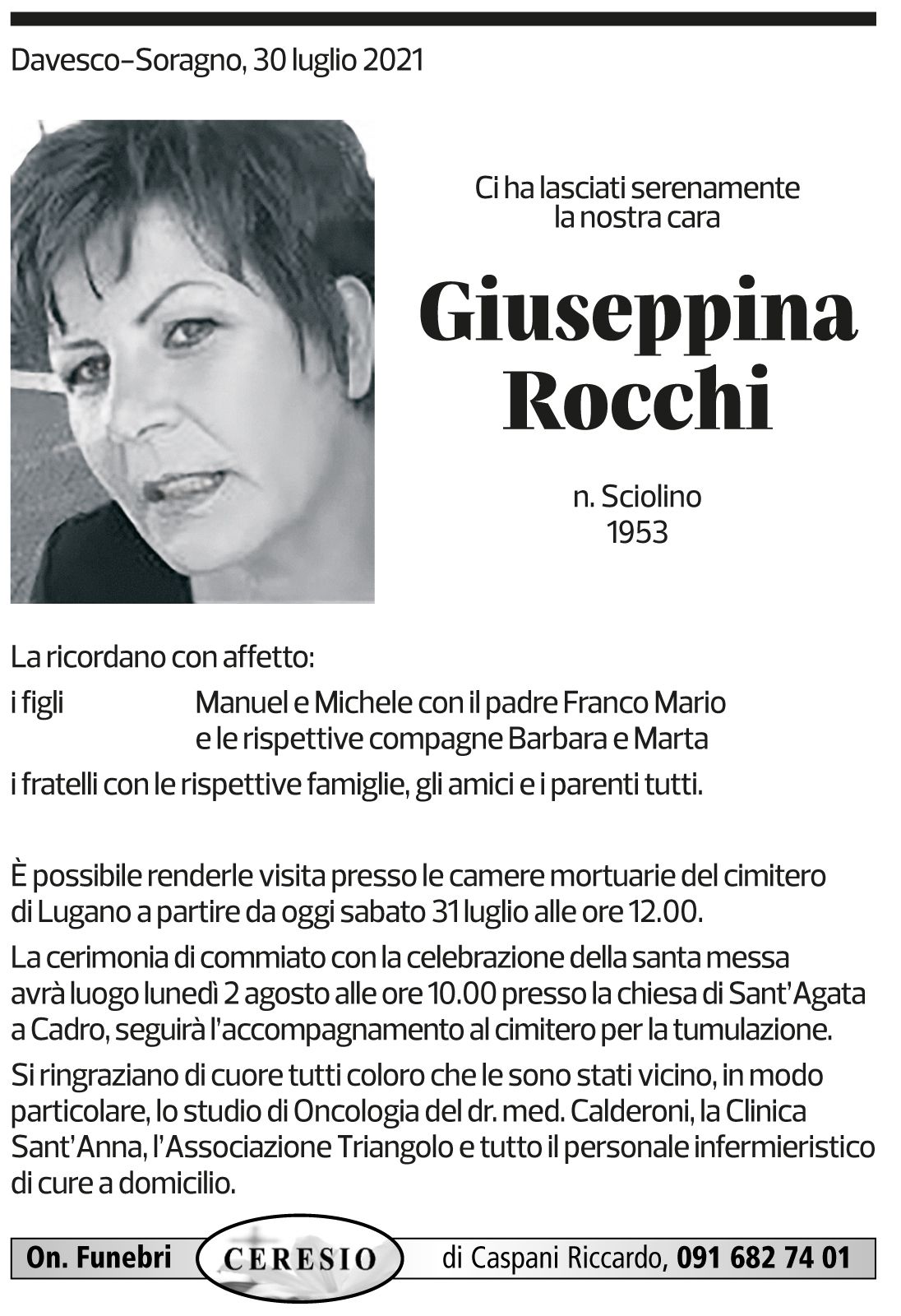 Annuncio funebre Giuseppina Rocchi