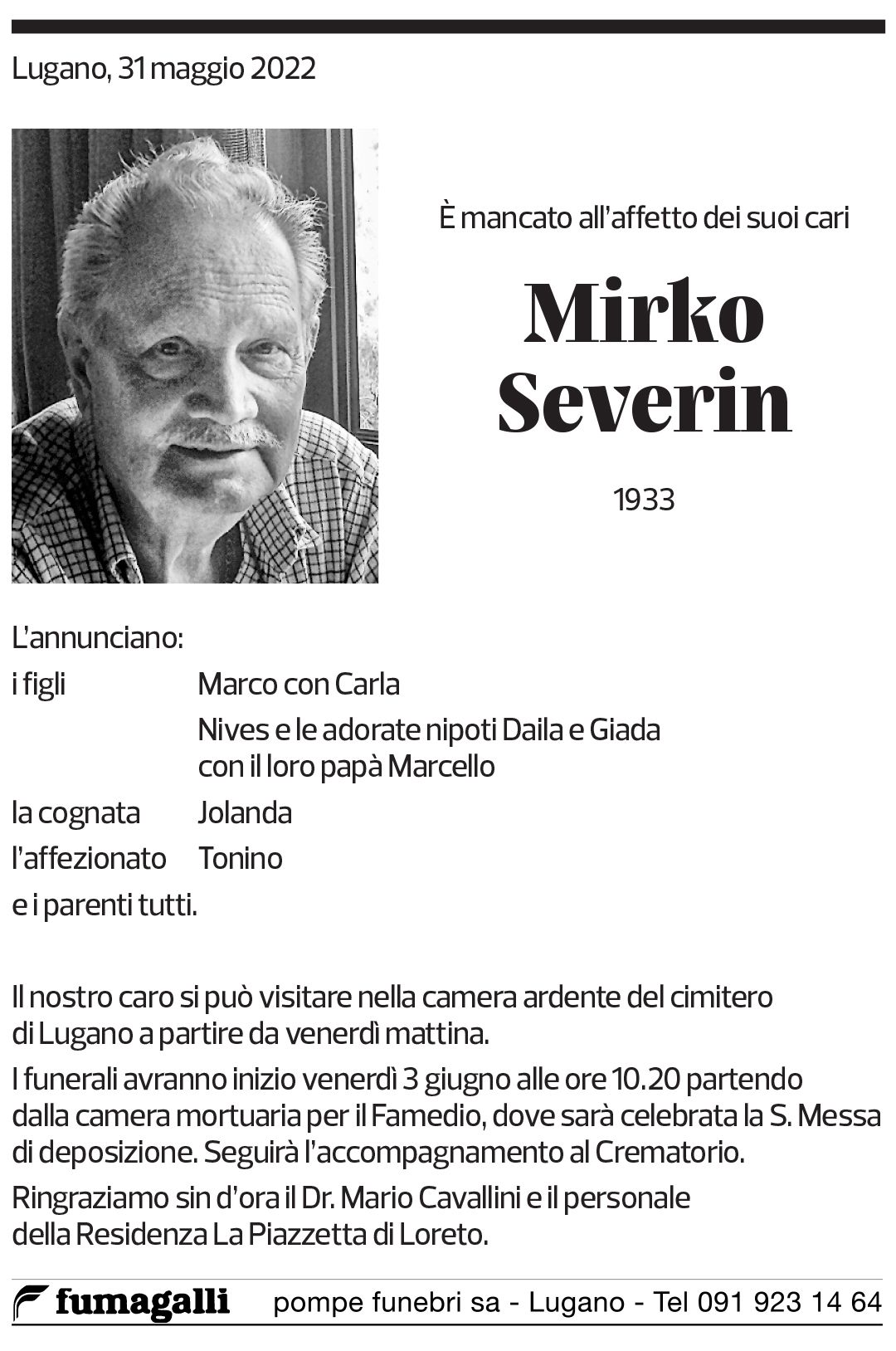 Annuncio funebre Mirko Severin