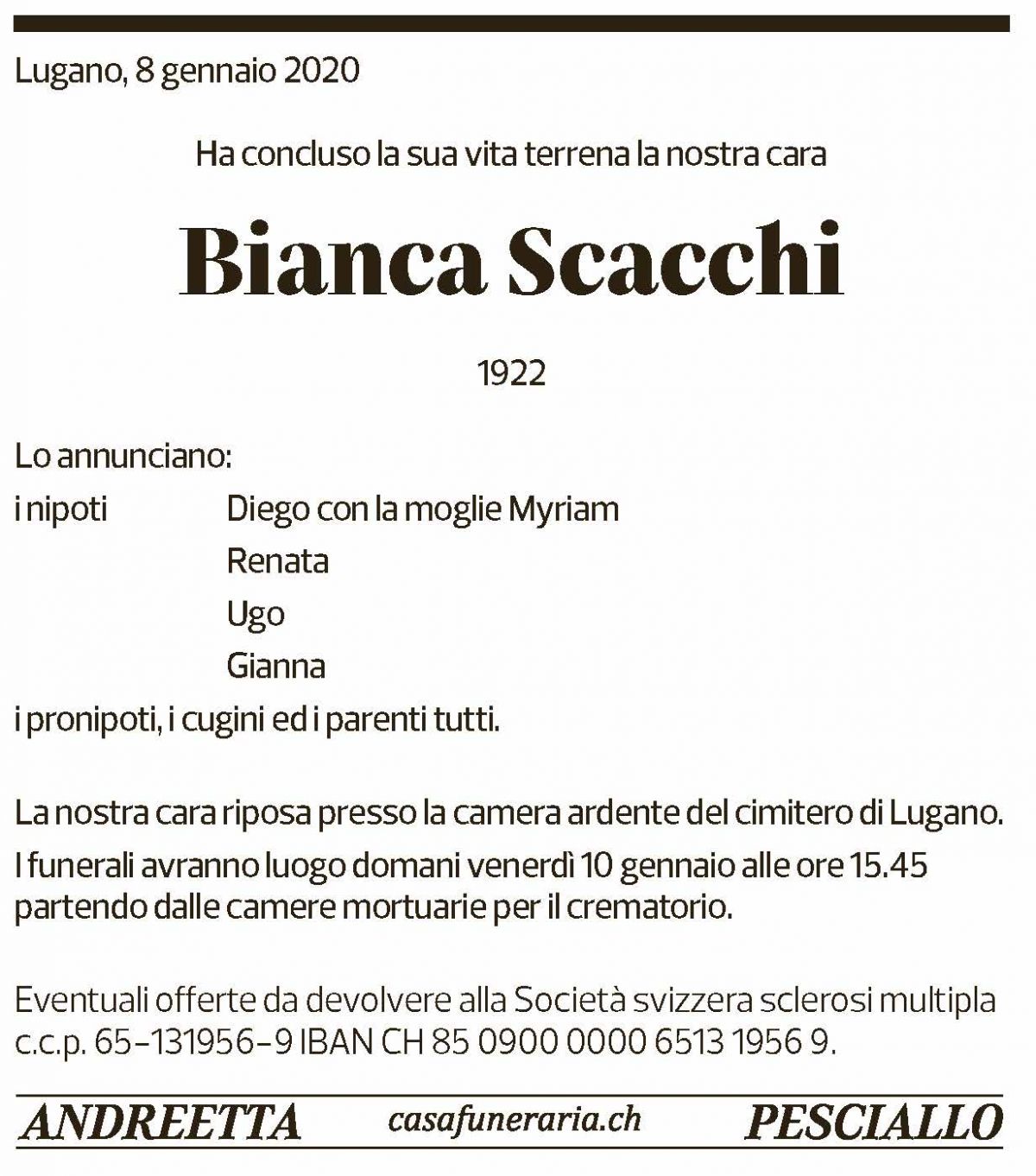 Annuncio funebre Bianca Scacchi