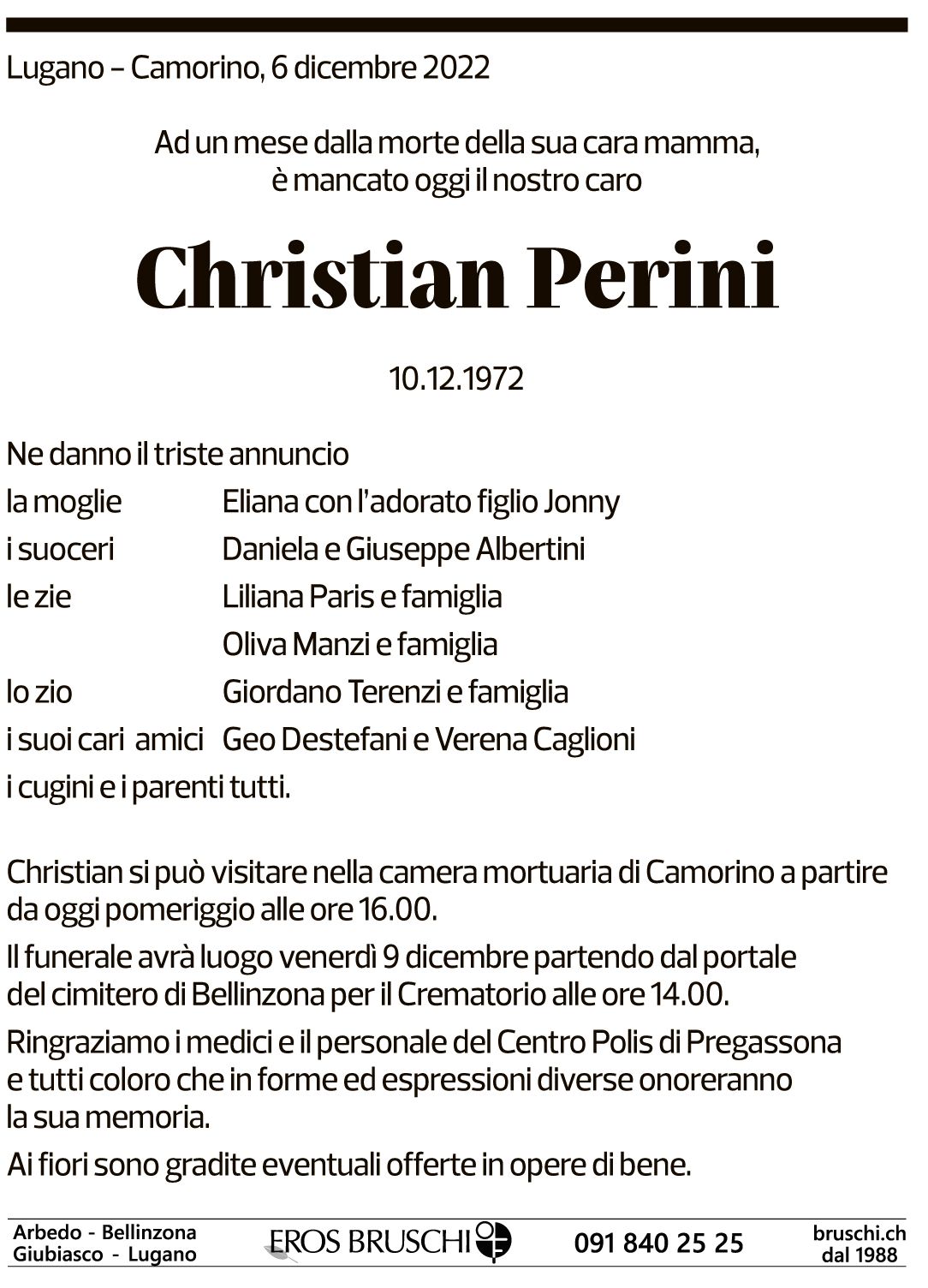 Annuncio funebre Christian Perini