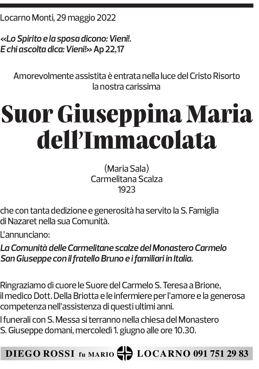 Annuncio funebre Giuseppina Maria Dell'immacolata 