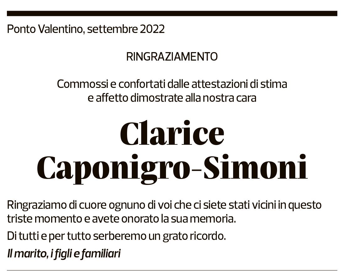 Annuncio funebre Clarice Caponigro-simoni