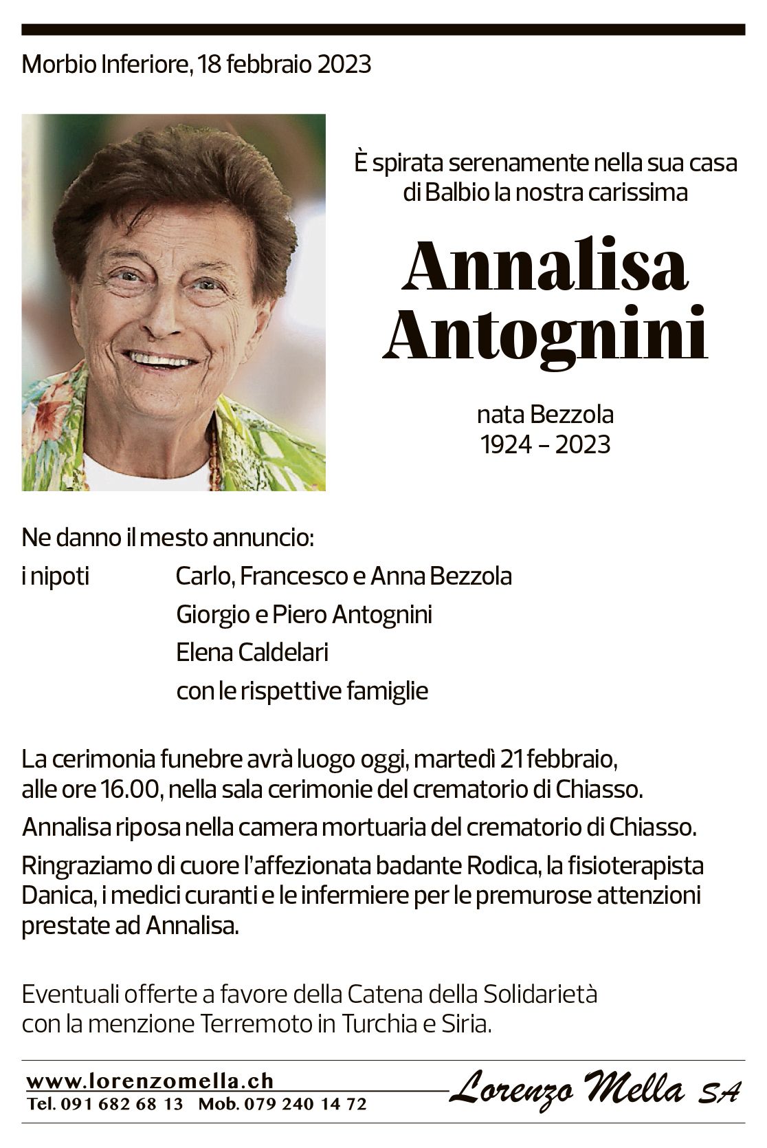 Annuncio funebre Annalisa Antognini