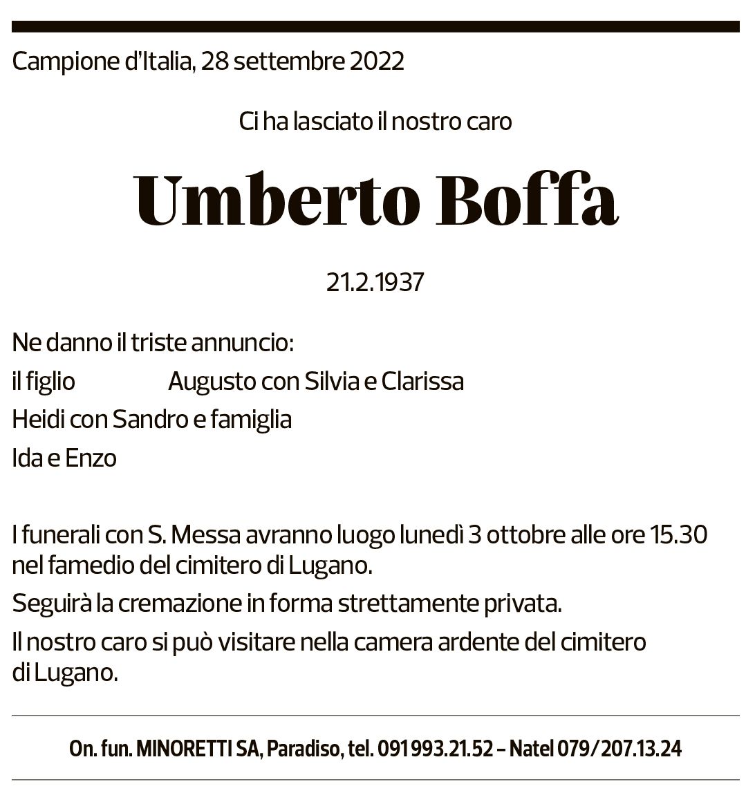 Annuncio funebre Umberto Boffa