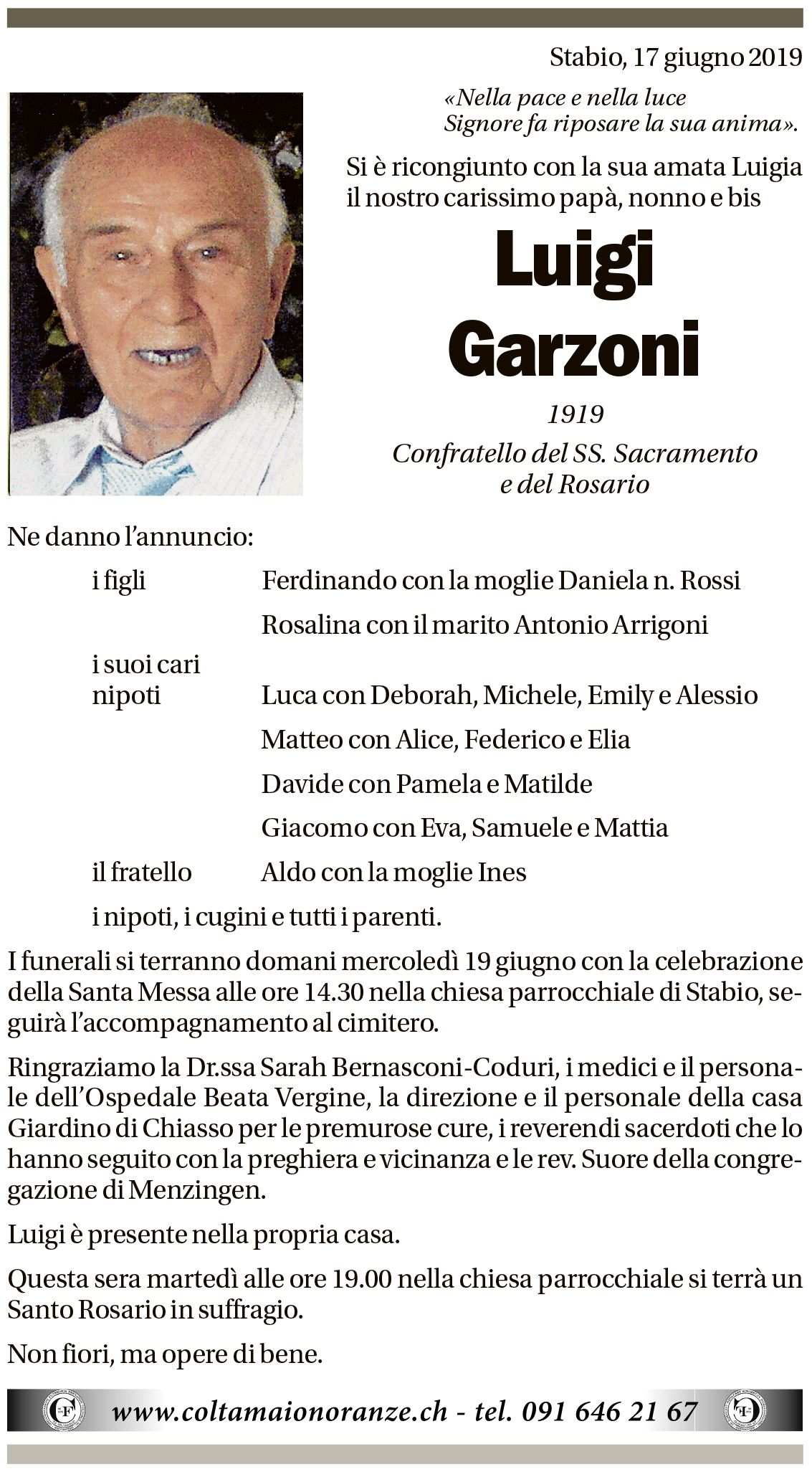 Annuncio funebre Luigi Garzoni