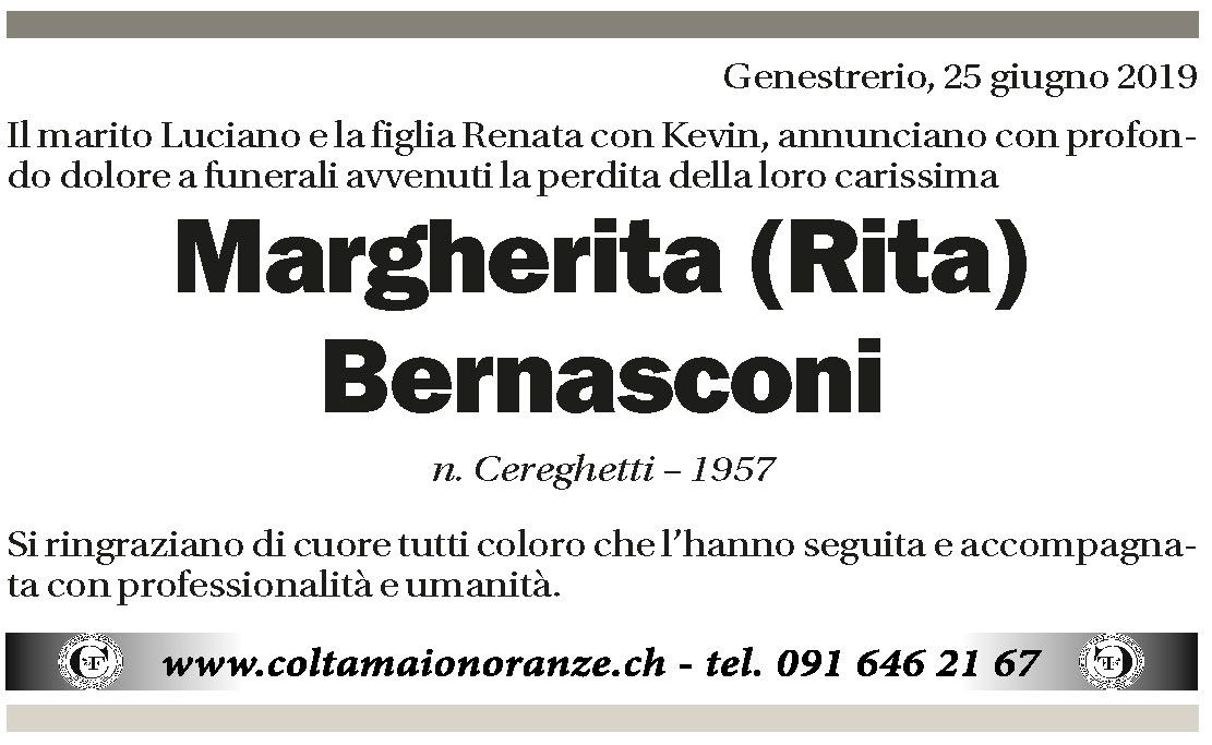 Annuncio funebre Margherita Bernasconi