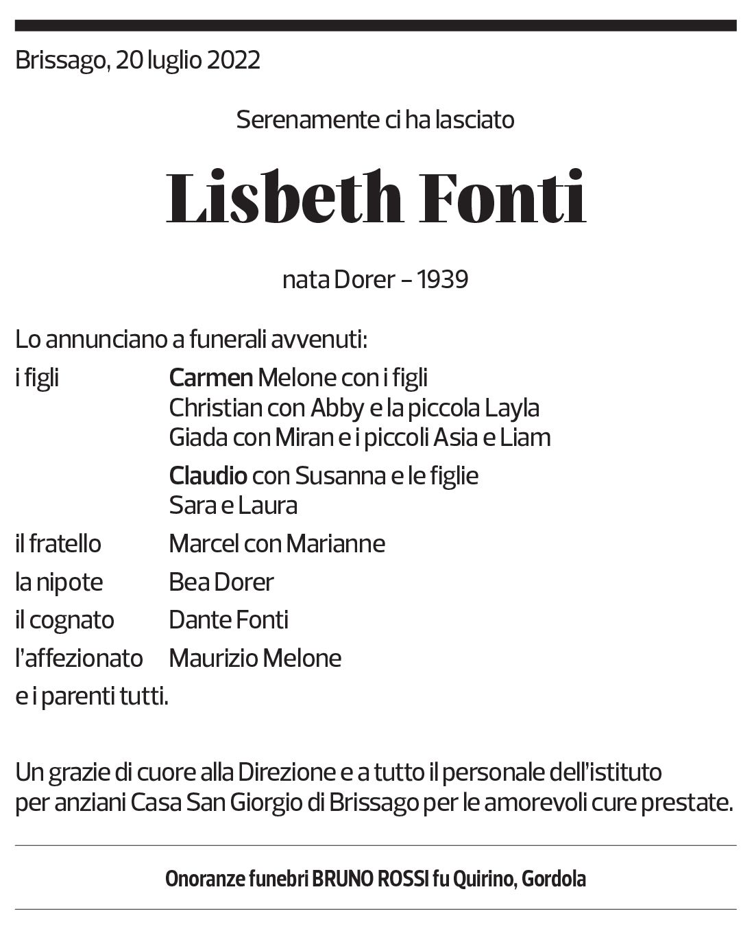 Annuncio funebre Lisbeth Fonti