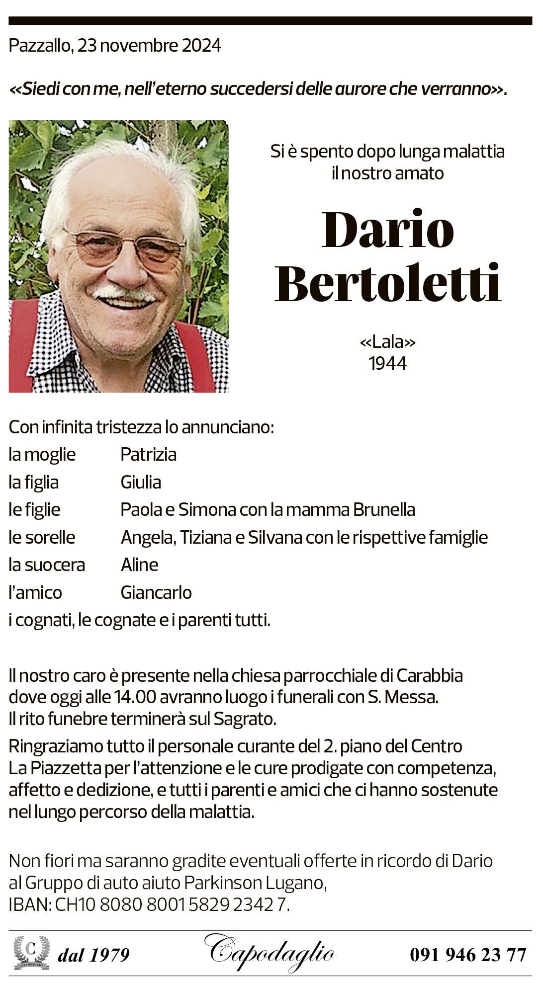 Annuncio funebre Dario Bertoletti