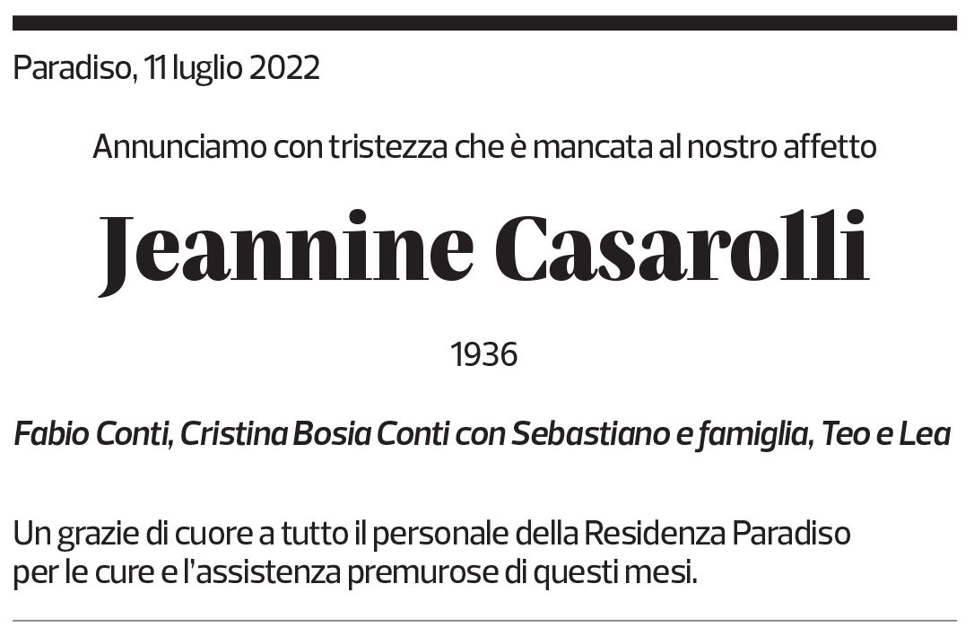 Annuncio funebre Jeannine Casarolli