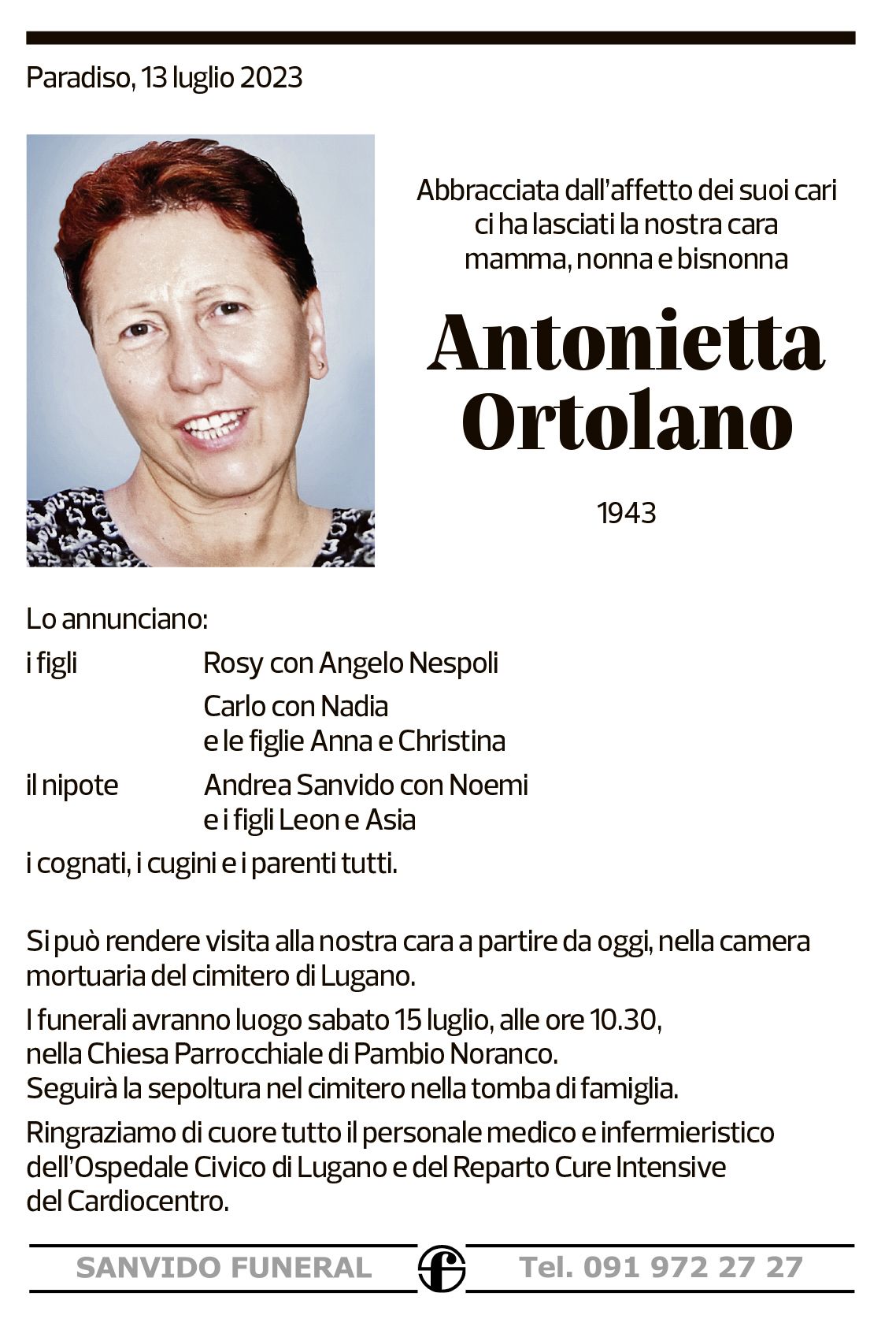 Annuncio funebre Antonietta Ortolano