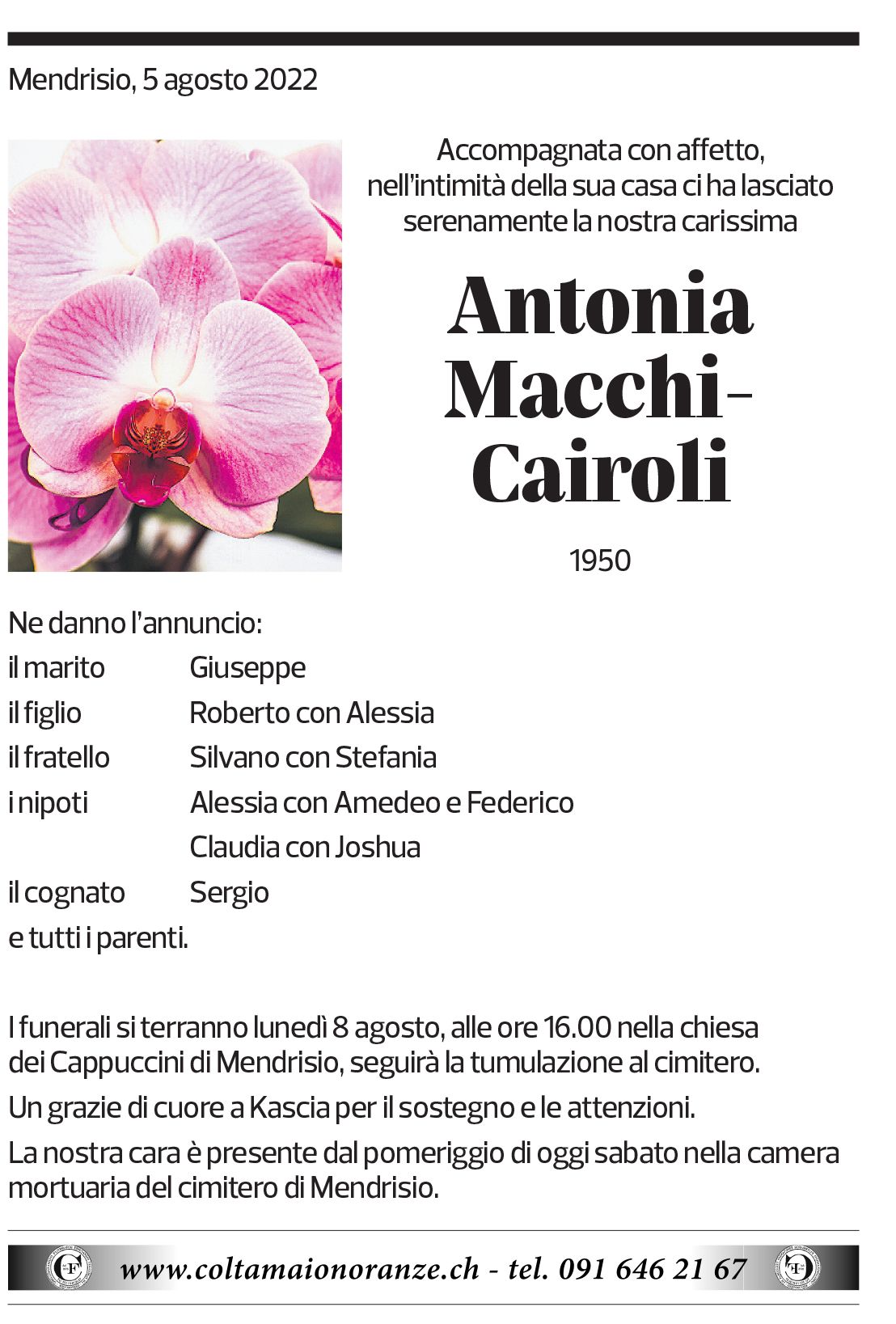 Annuncio funebre Antonia Macchi-cairoli