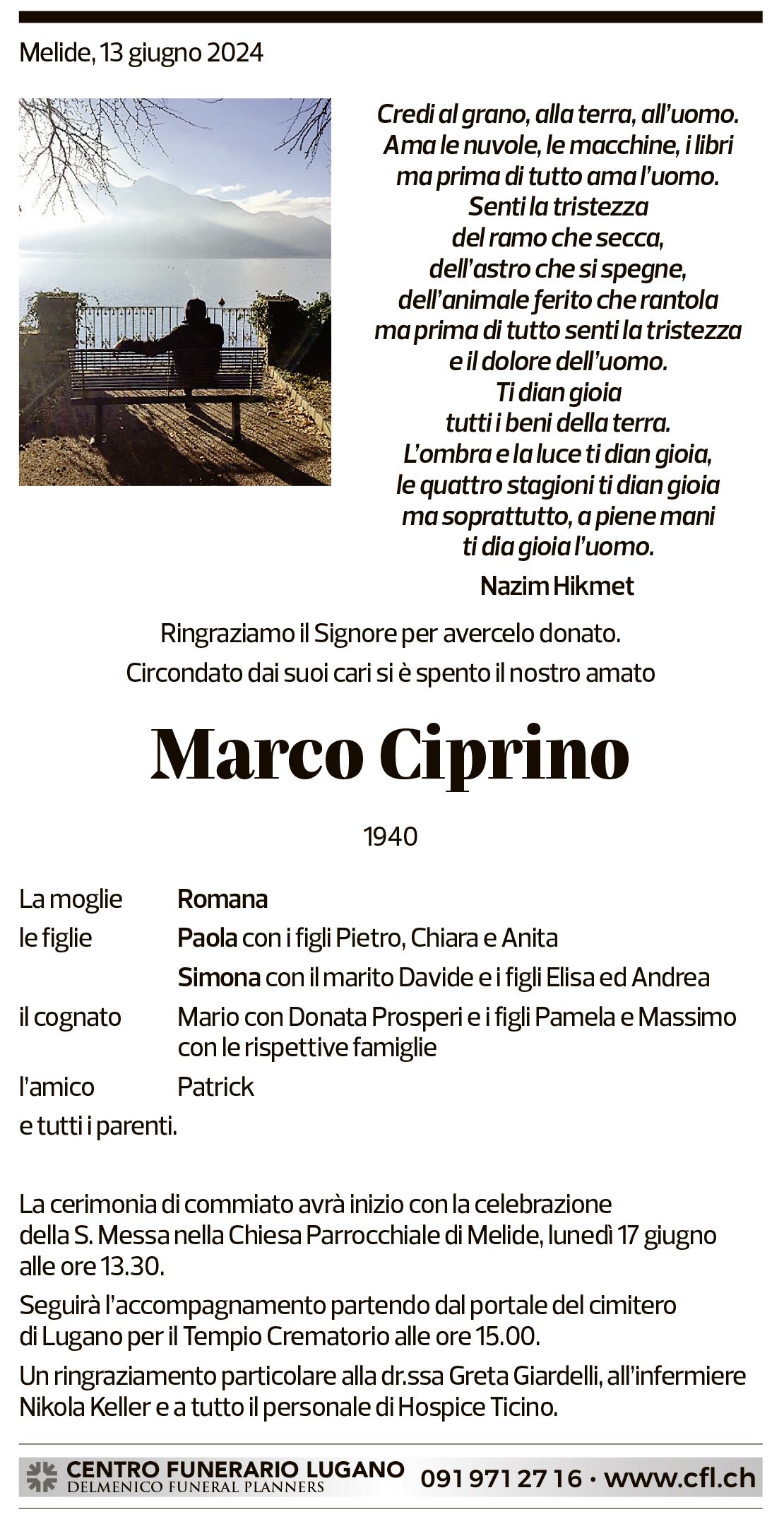 Annuncio funebre Marco Ciprino