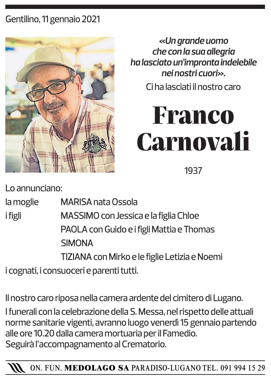 Annuncio funebre Franco Carnovali