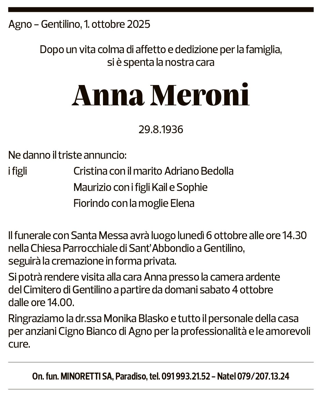 Annuncio funebre Anna Meroni