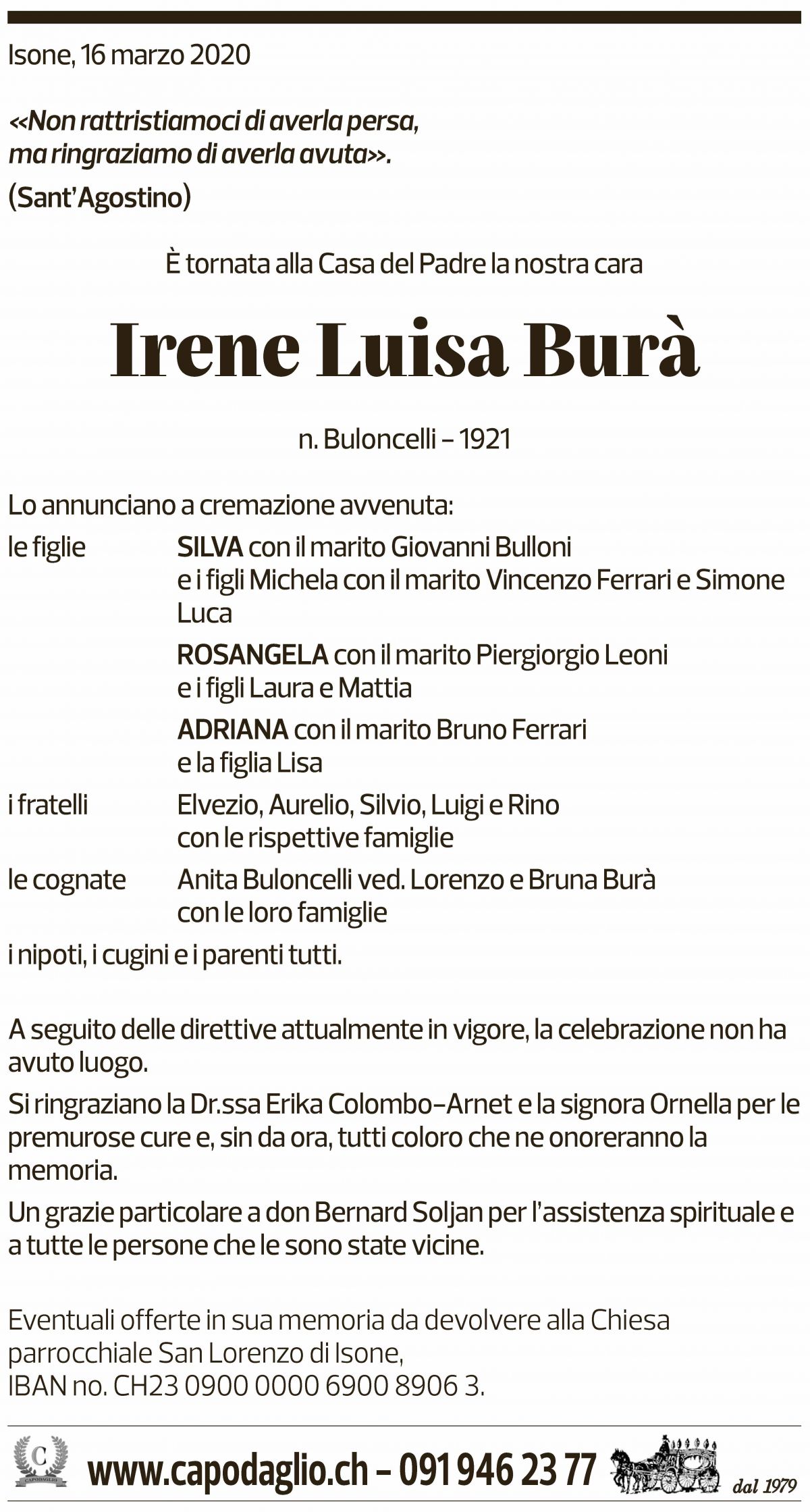 Annuncio funebre Irene Luisa Burà
