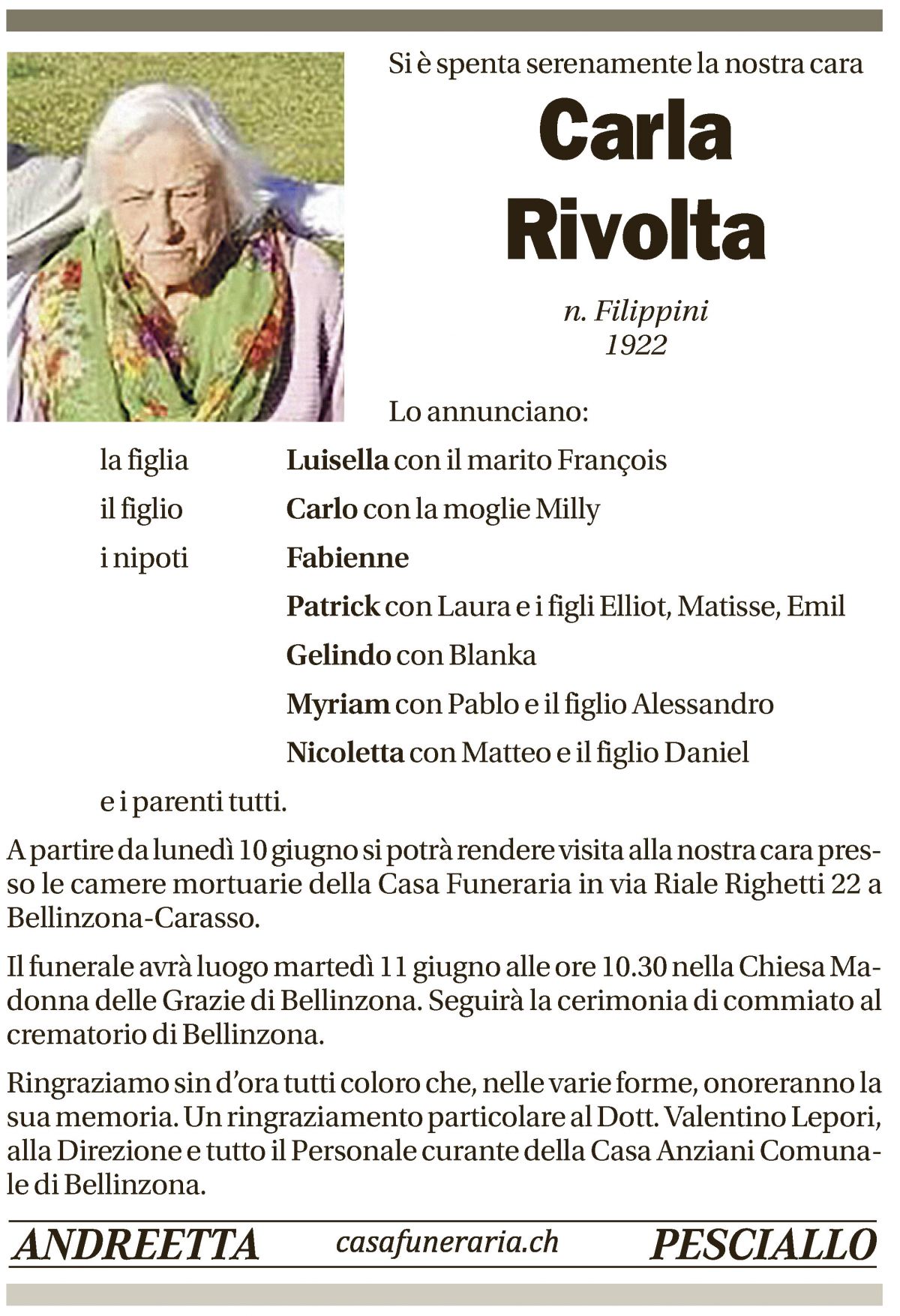Annuncio funebre Carla Rivolta
