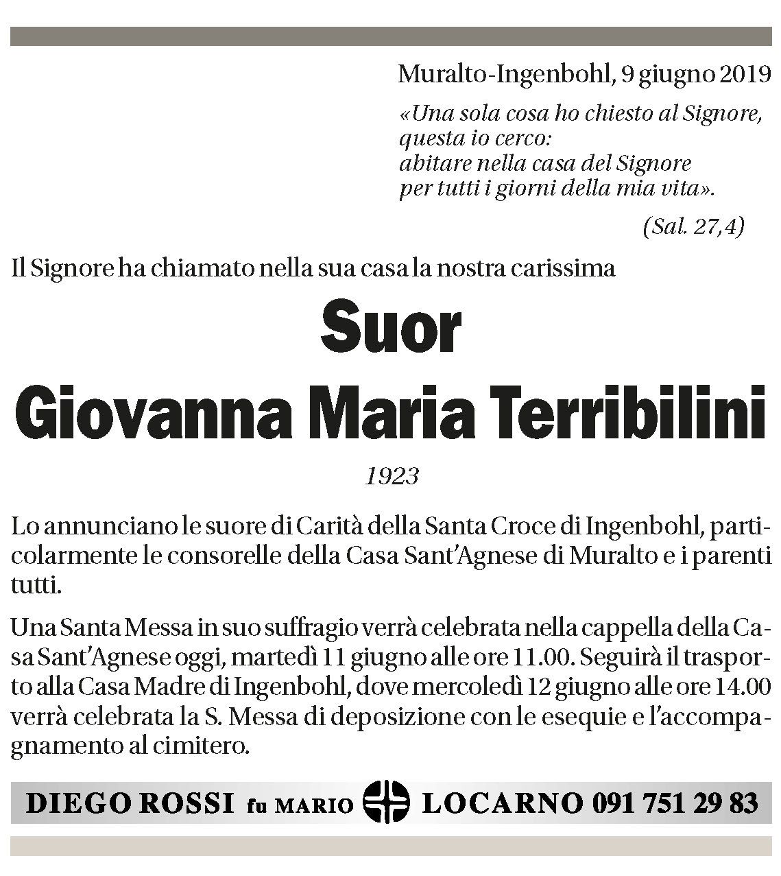 Annuncio funebre Suor Giovanna Maria Terribilini