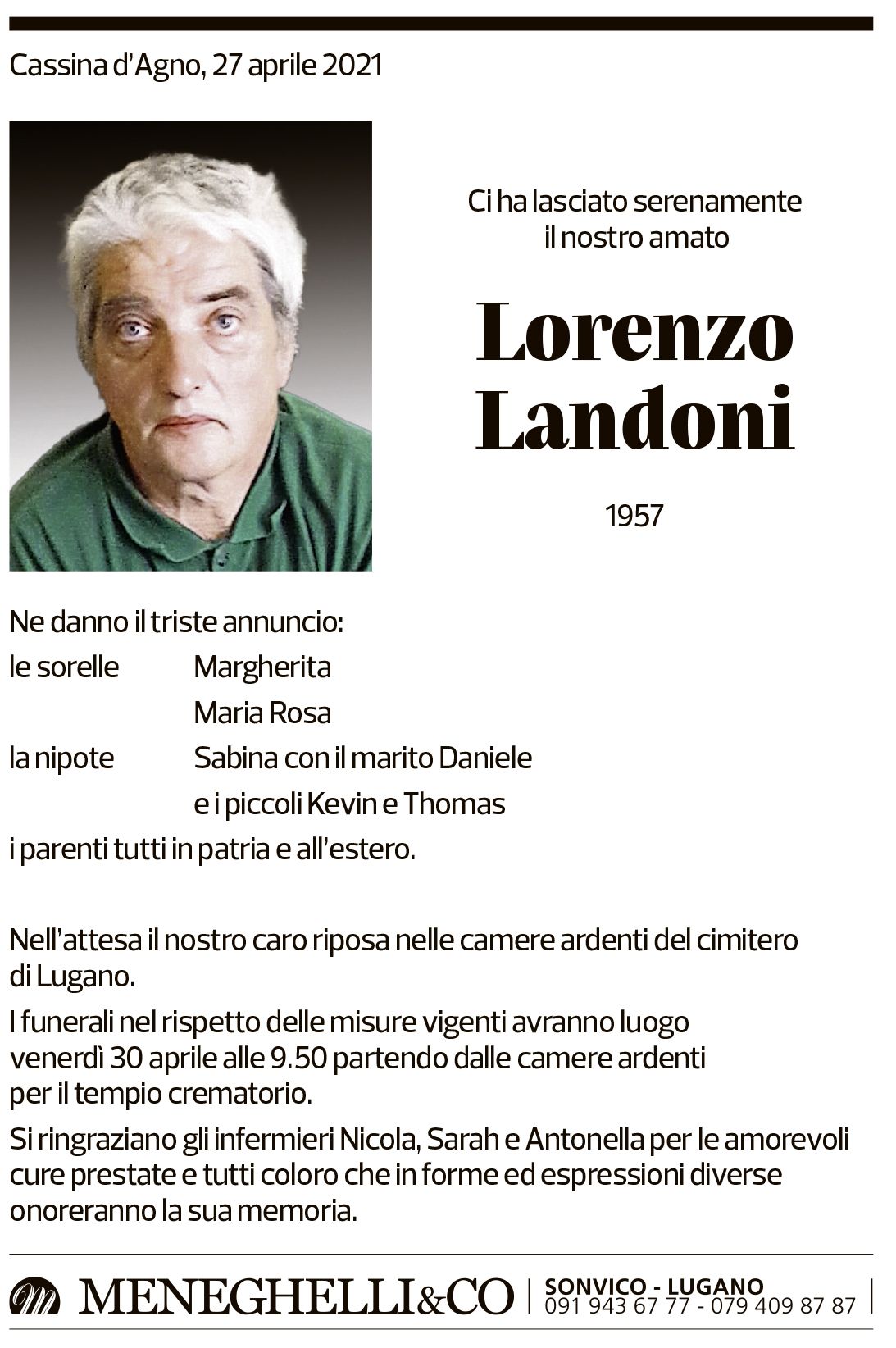 Annuncio funebre Lorenzo Landoni