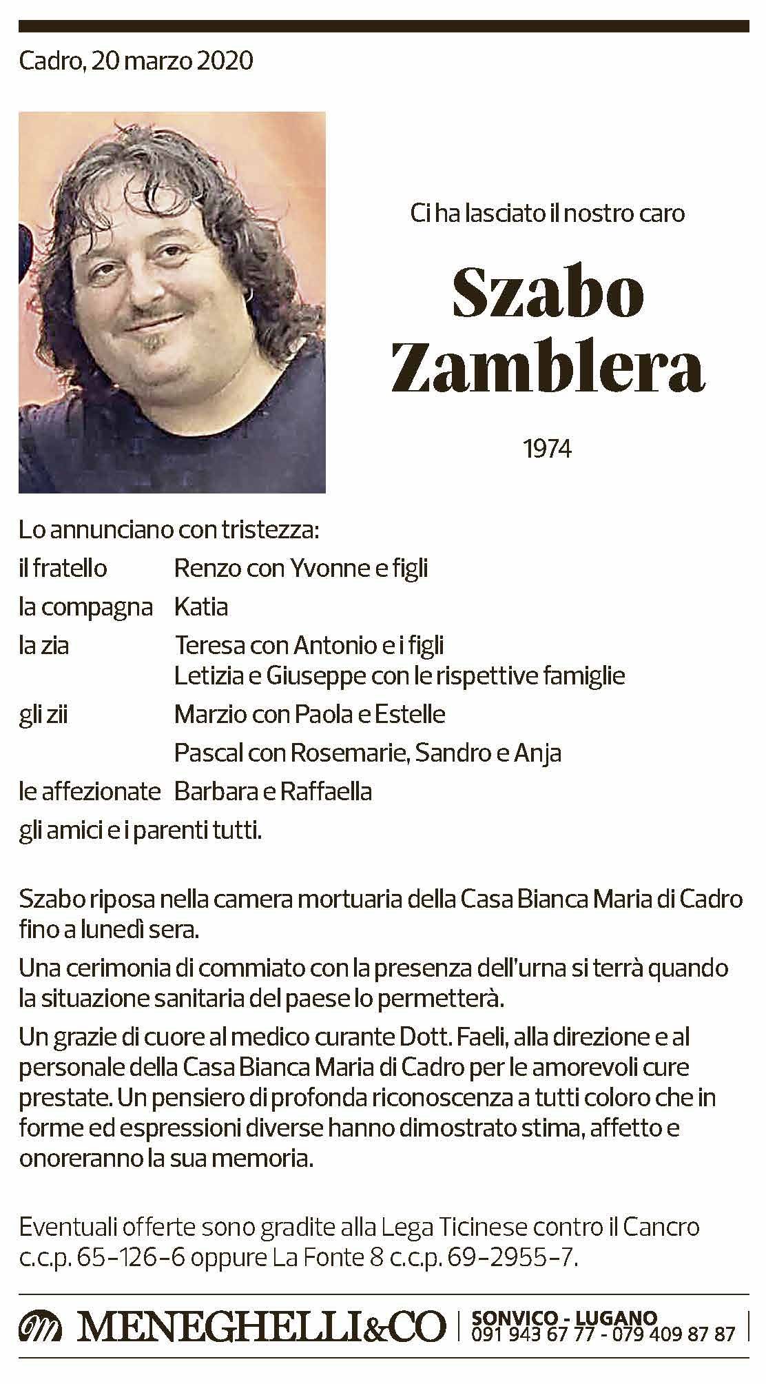 Annuncio funebre Szabo Zamblera
