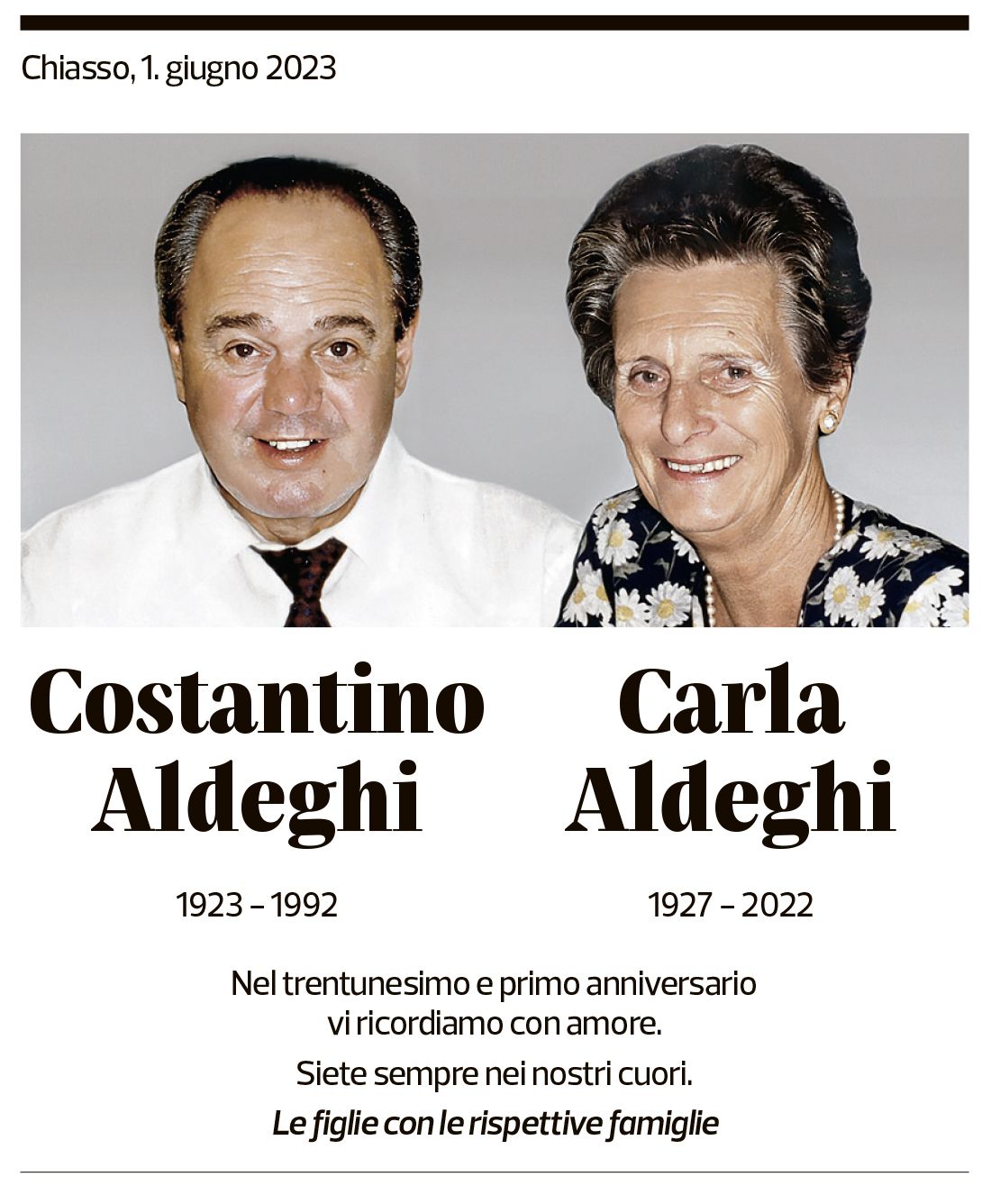 Annuncio funebre Costantino E Carla Aldeghi