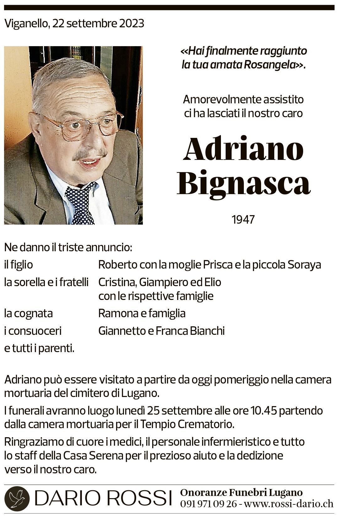 Annuncio funebre Adriano Bignasca