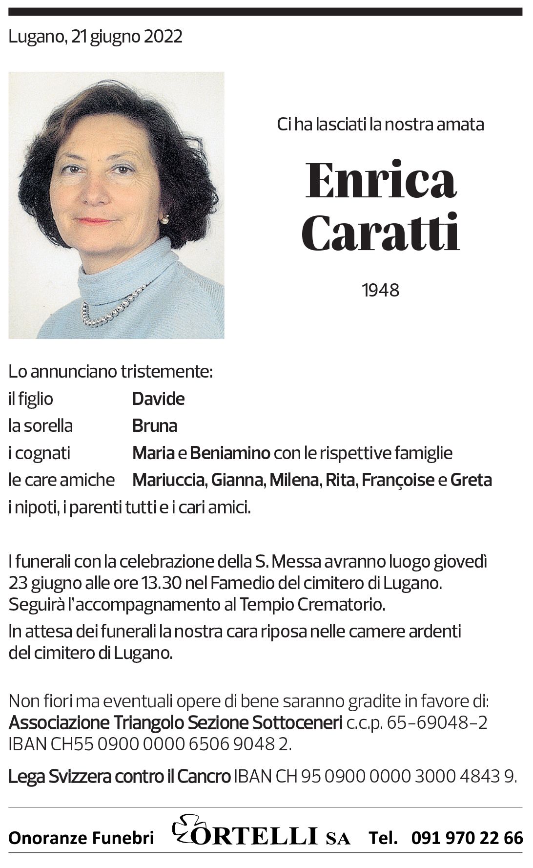 Annuncio funebre Enrica Caratti