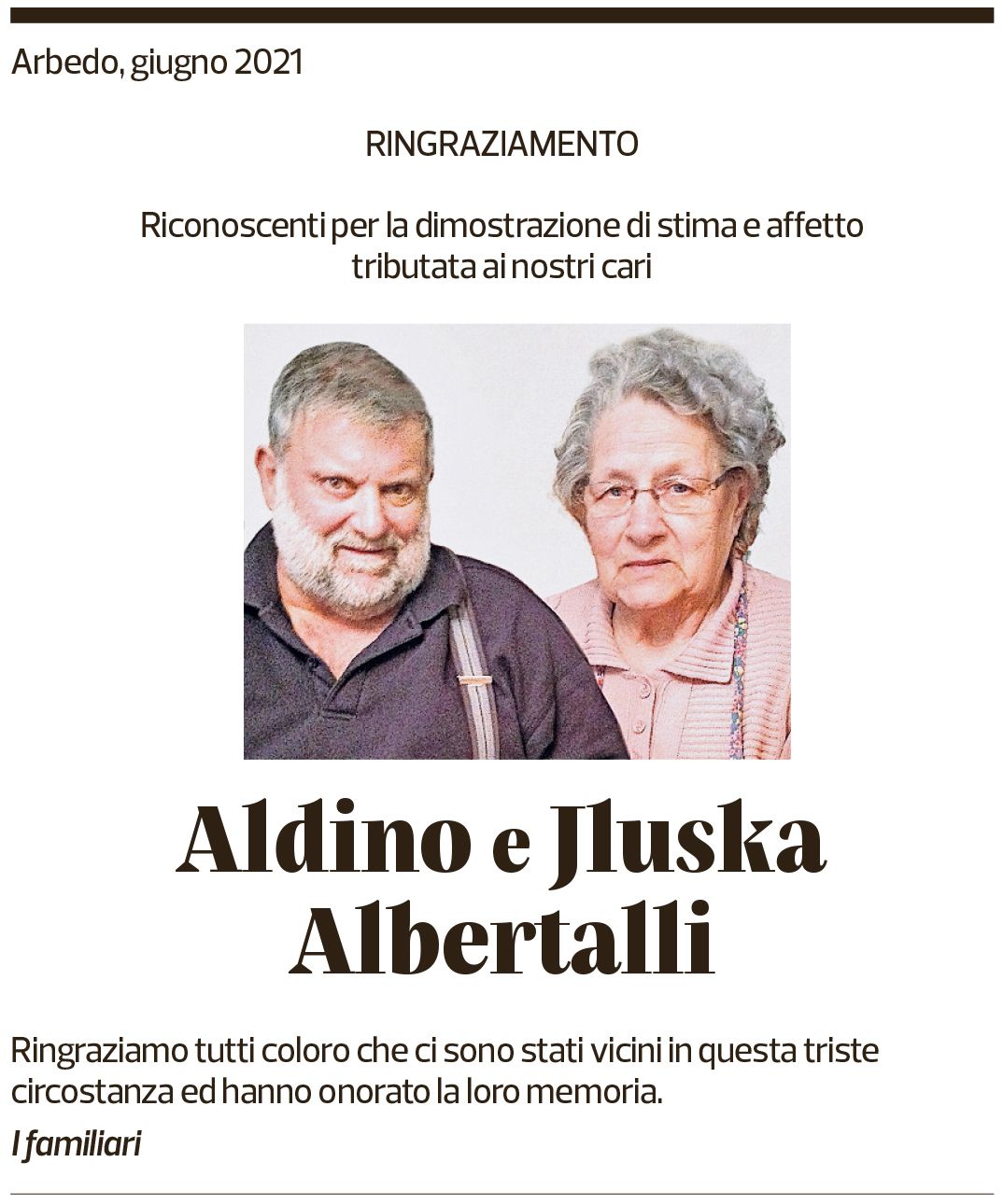 Annuncio funebre Aldino E Jluska Albertalli