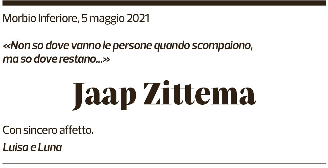 Annuncio funebre Jaap Zittema