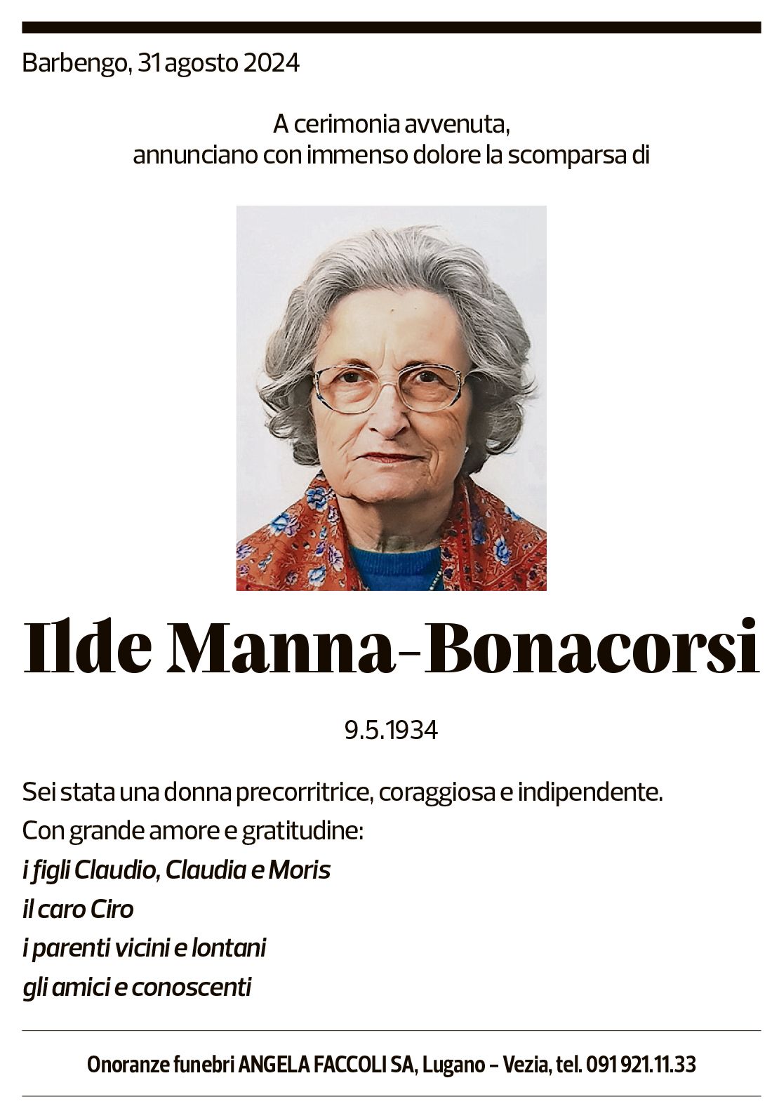 Annuncio funebre Ilde Manna-bonacorsi