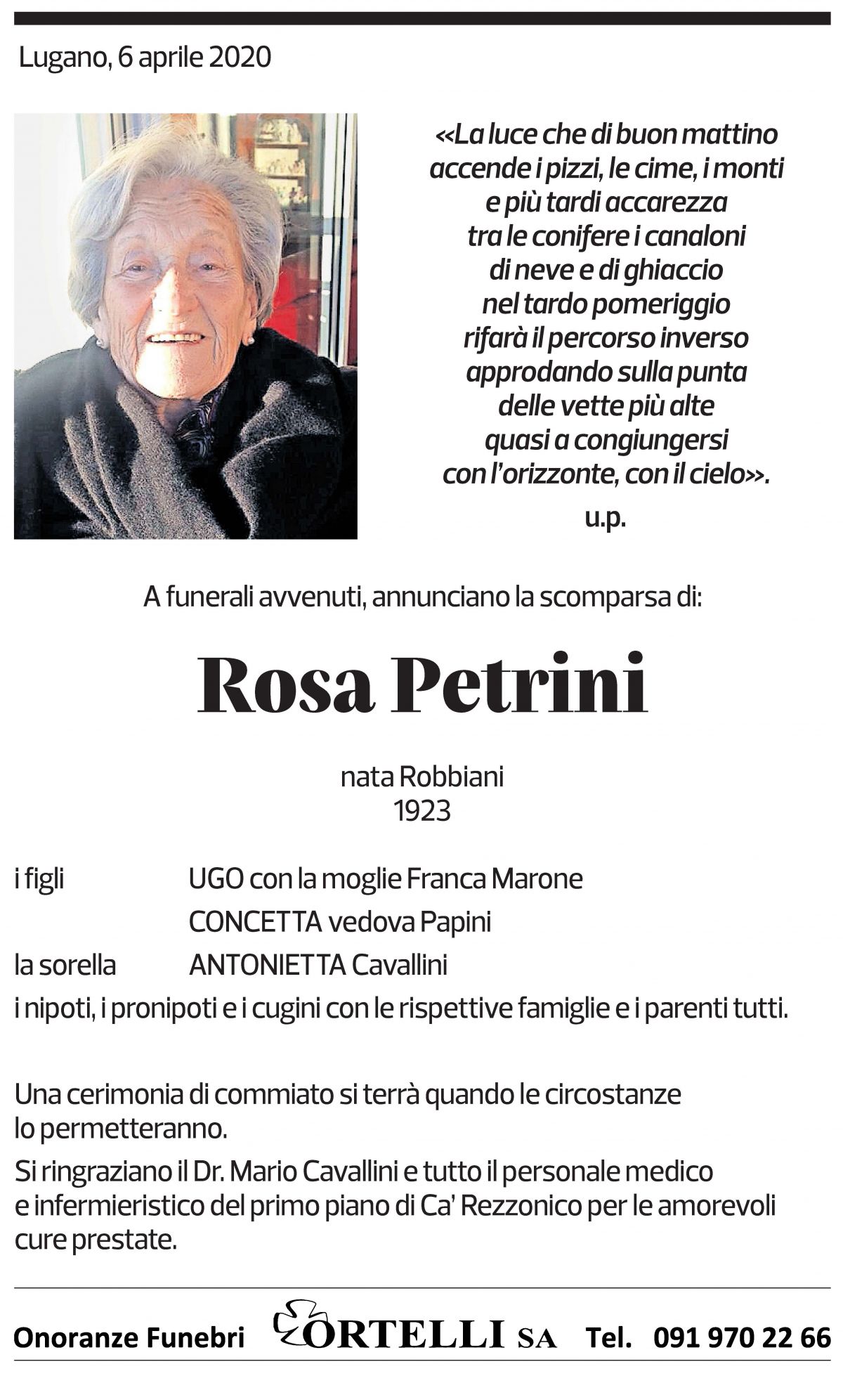Annuncio funebre Rosa Petrini