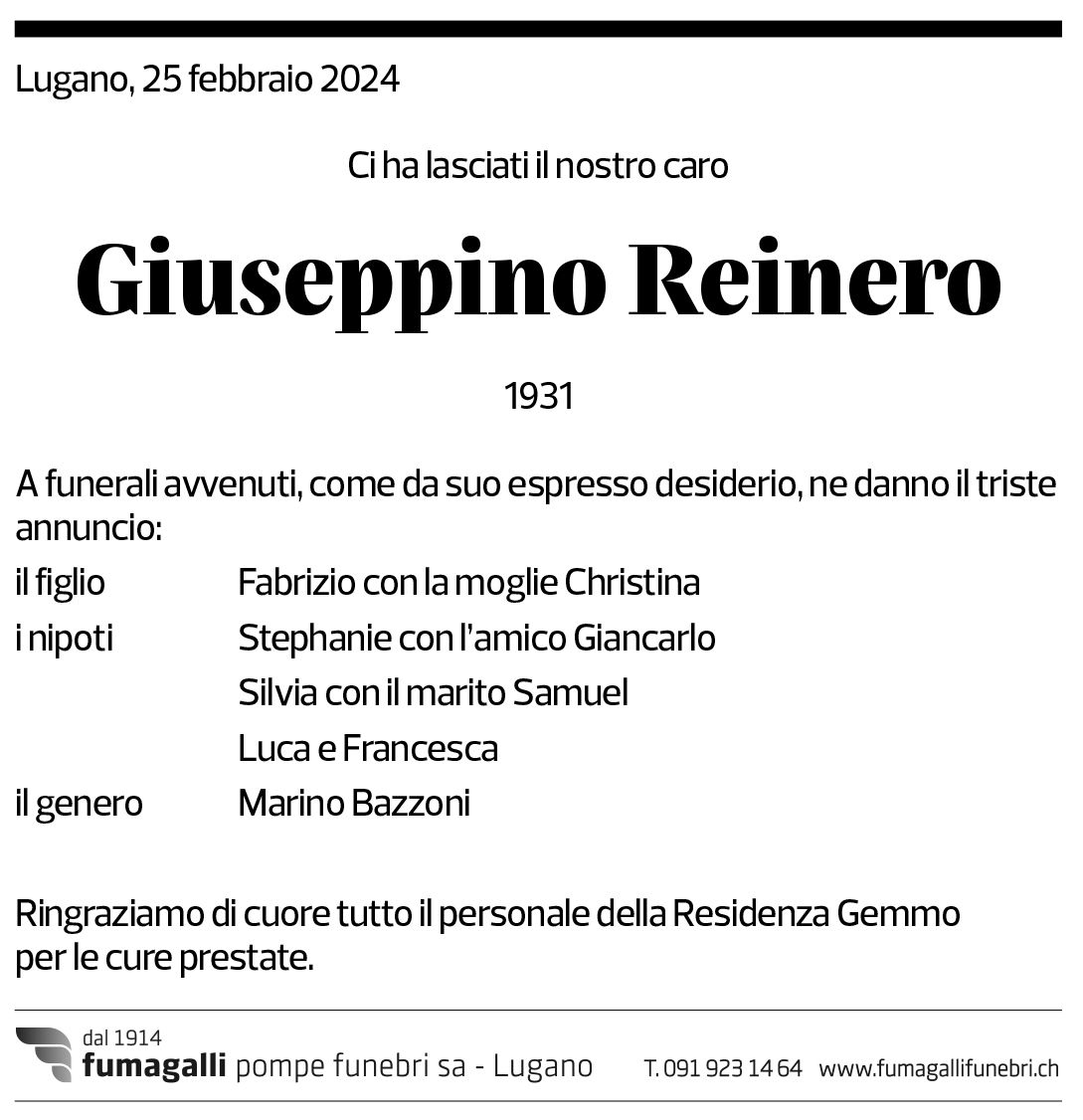 Annuncio funebre Giuseppino Reinero