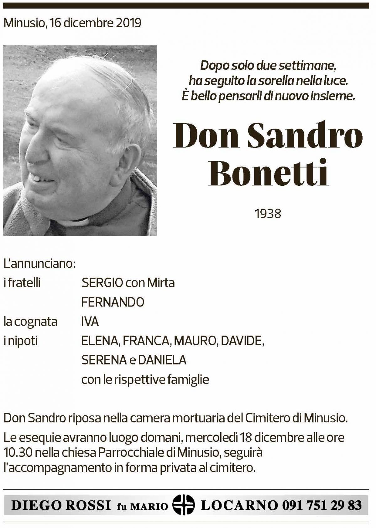 Annuncio funebre Don Sandro Bonetti