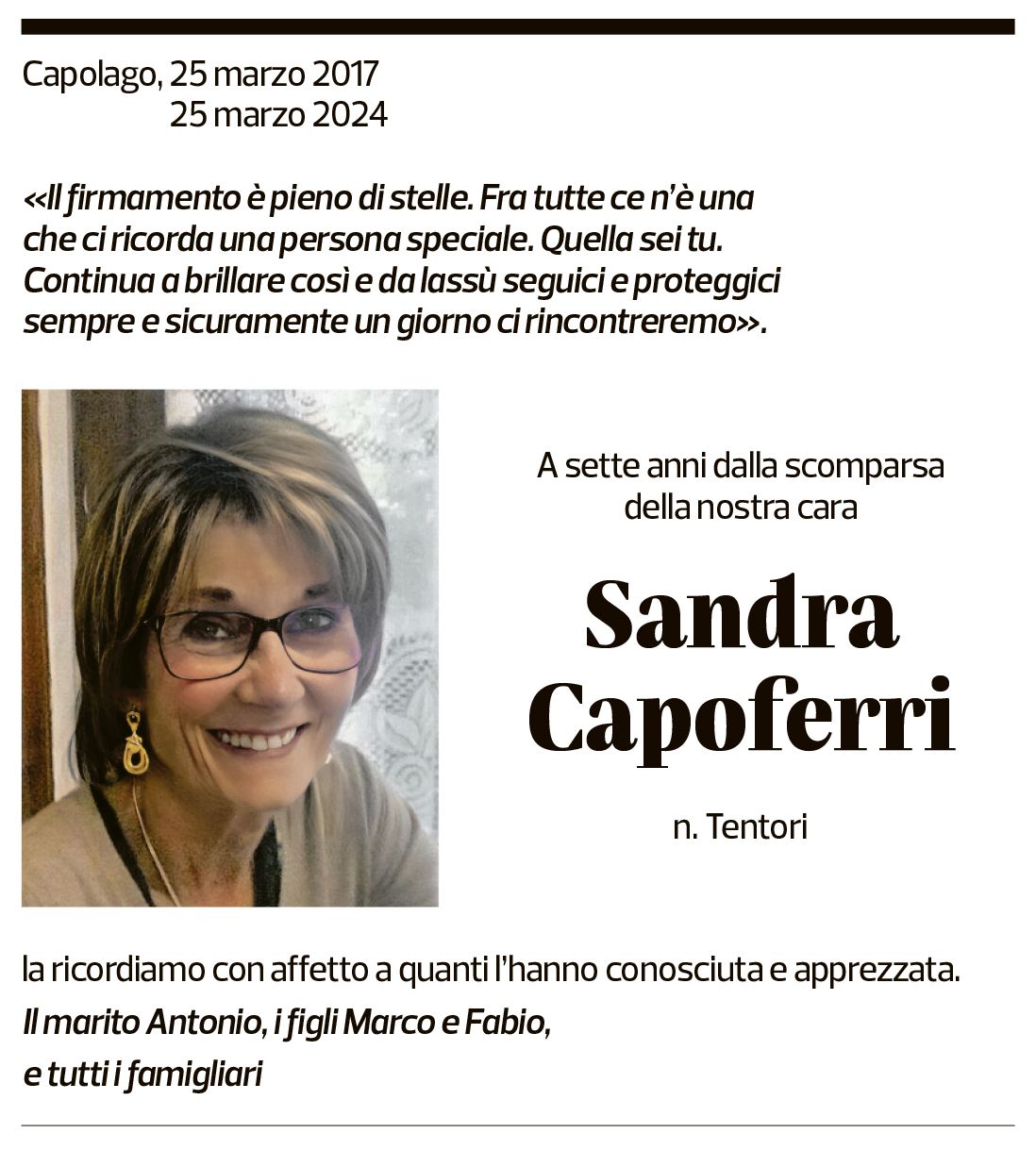 Annuncio funebre Sandra Capoferri