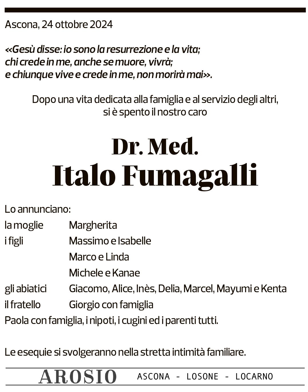 Annuncio funebre Italo Fumagalli