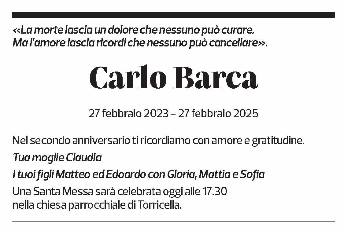 Annuncio funebre Carlo Barca