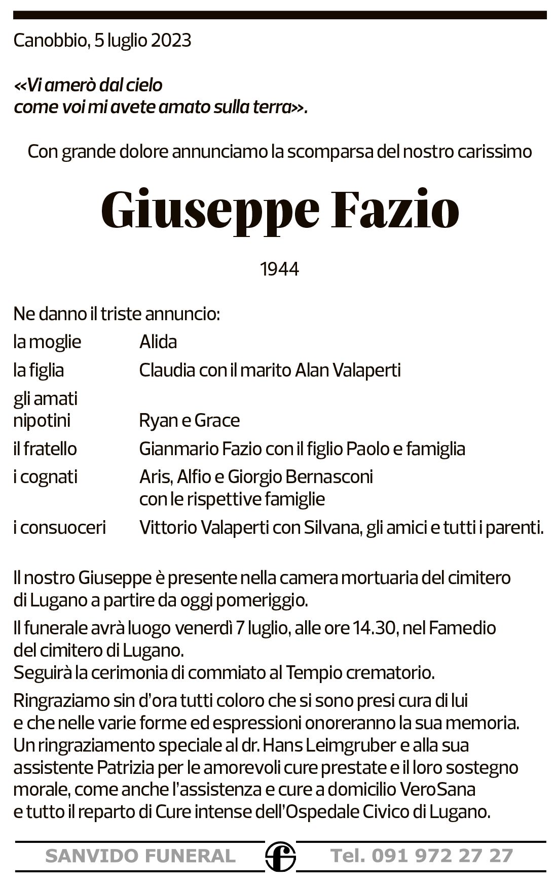 Annuncio funebre Giuseppe Fazio