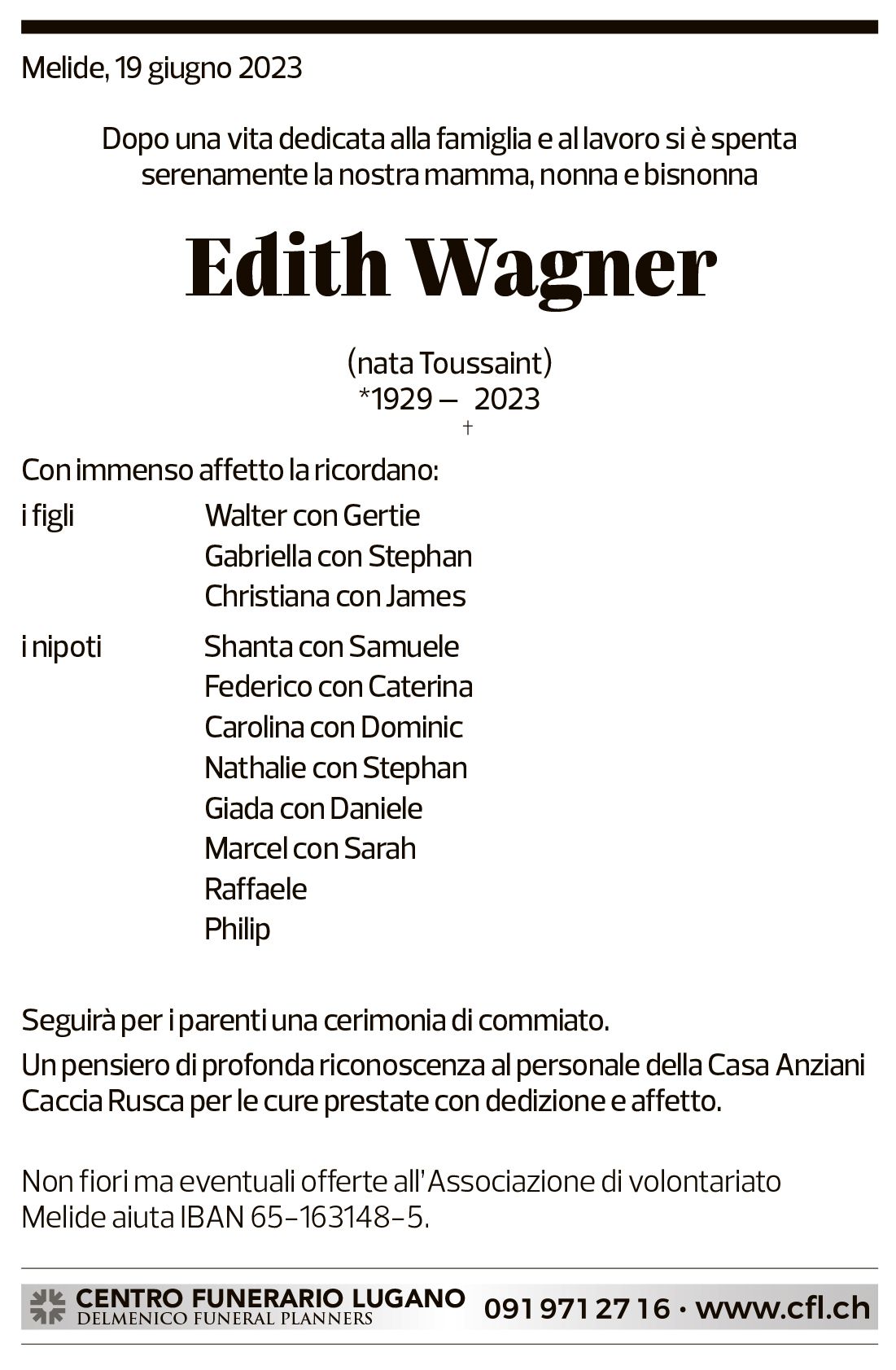 Annuncio funebre Edith Wagner