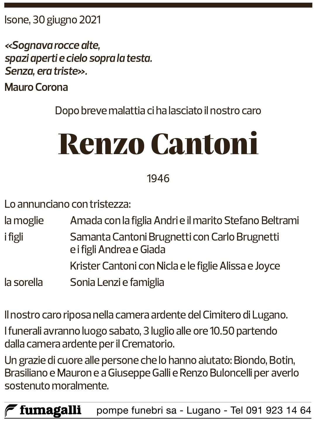 Annuncio funebre Renzo Cantoni