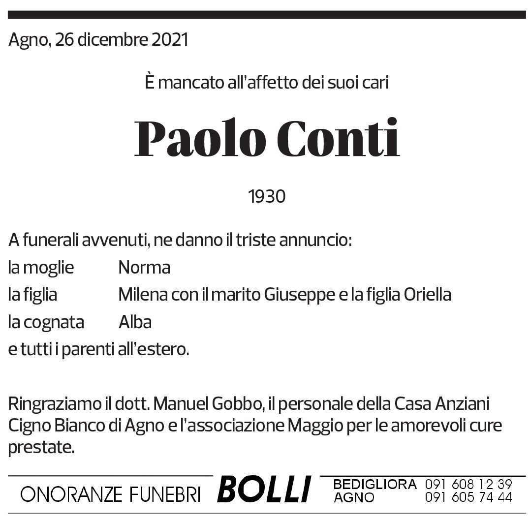 Annuncio funebre Paolo Conti