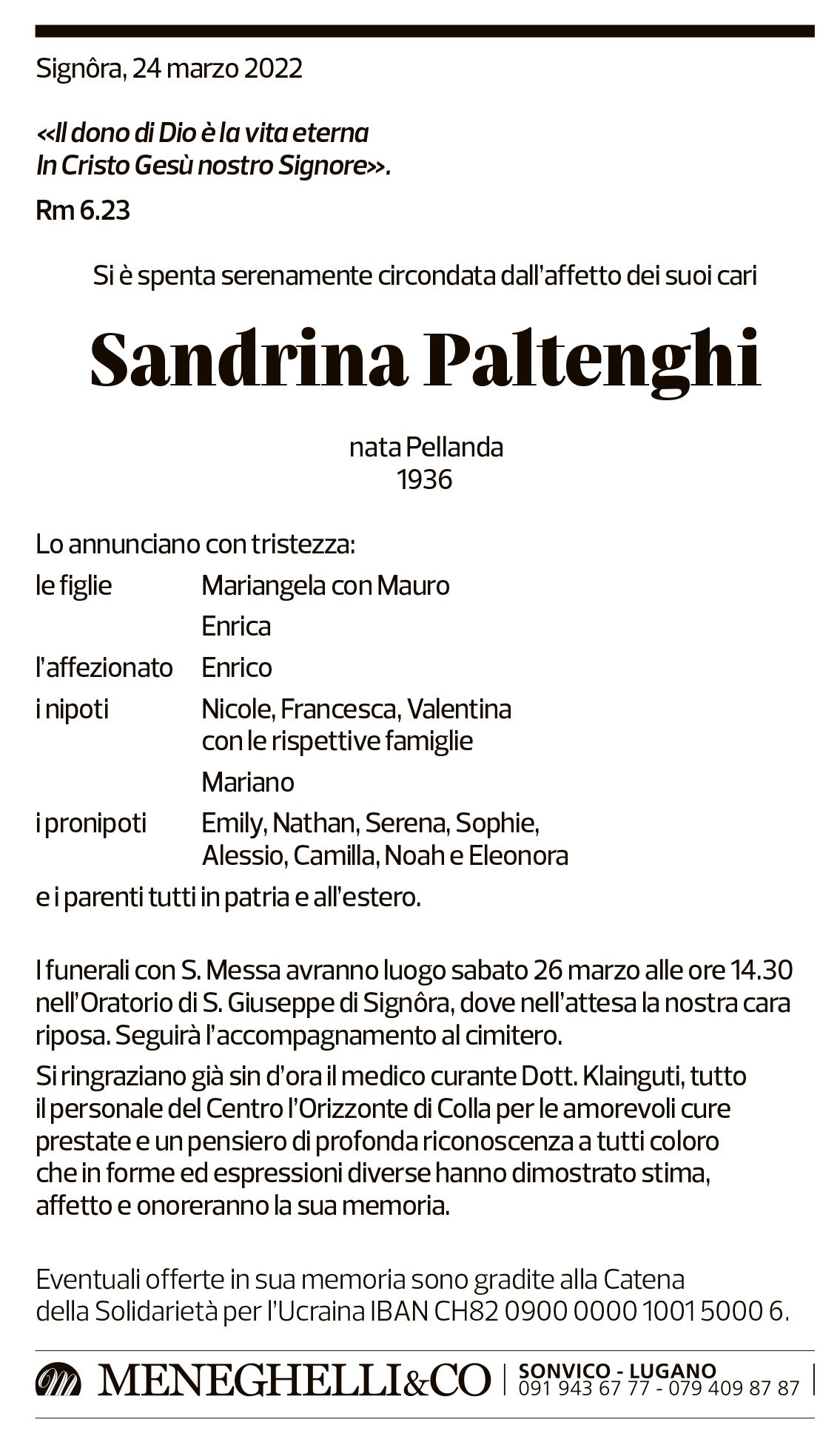 Annuncio funebre Sandrina Paltenghi